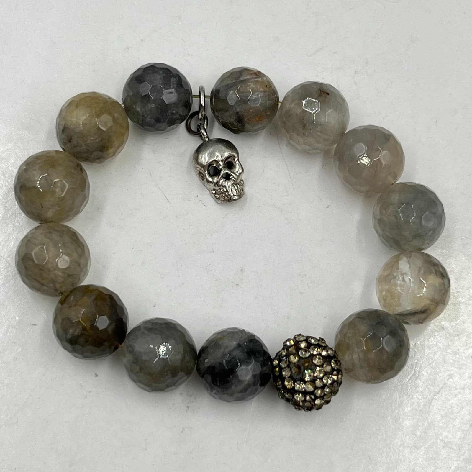 Vintage Gothic Skull Charm Stretch Bracelet Gray Agate Style Beads Rhinestone