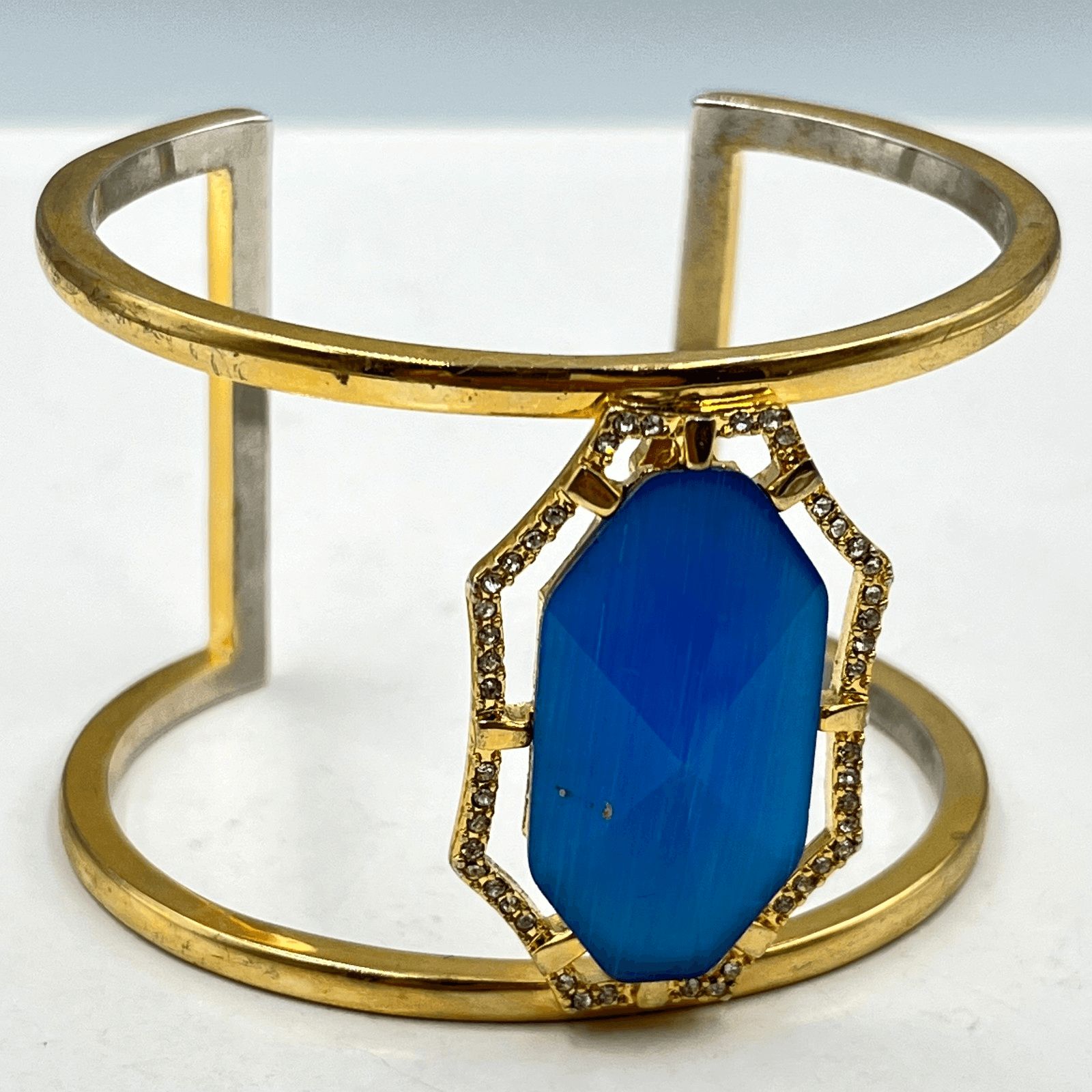 Vintage Boho Cobalt Blue Cat's Eye Hexagon Gold Tone Cuff Bracelet Classic