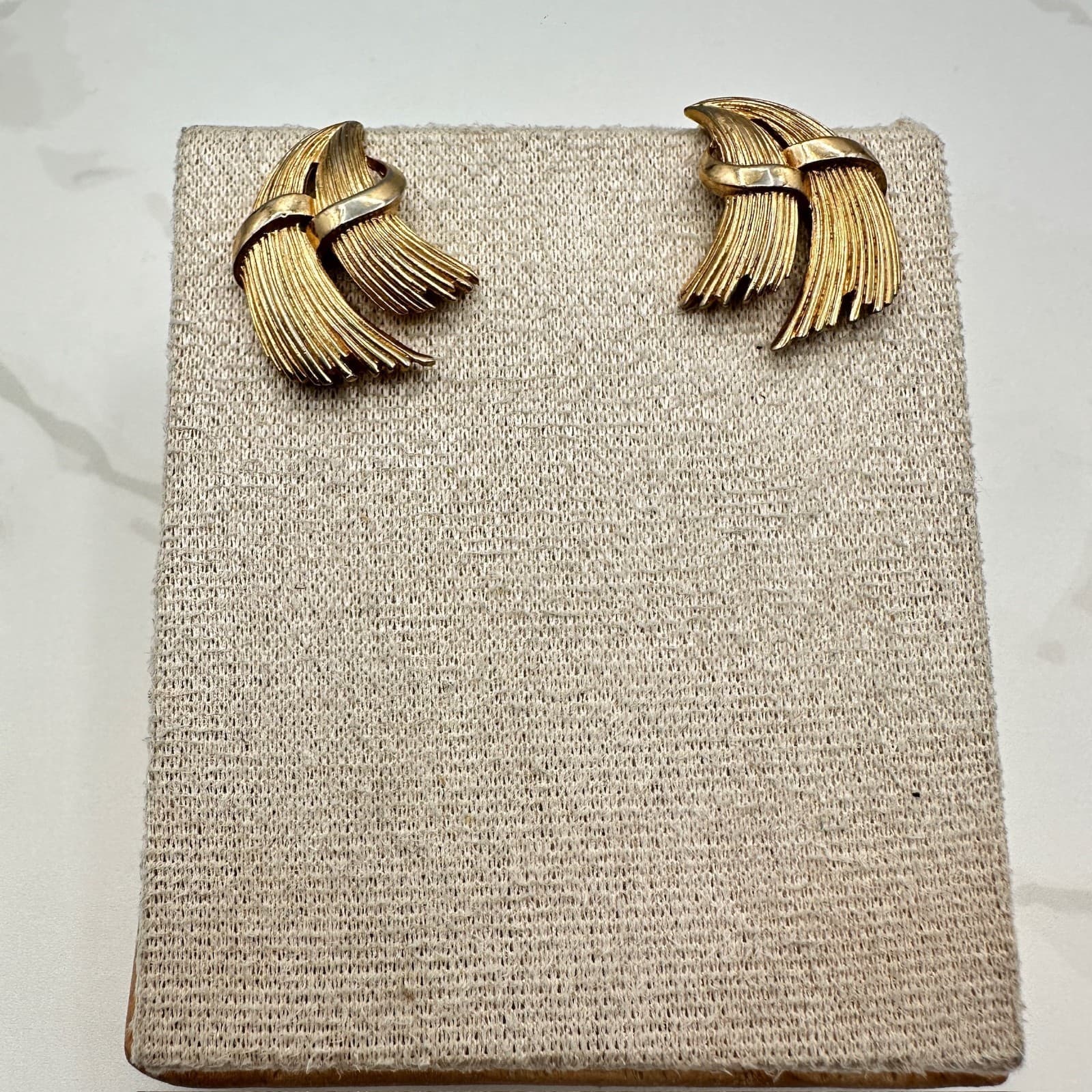 Vintage Trifari Gold-Tone Abstract Design Large Pierced Wing Clip-On Earrings
