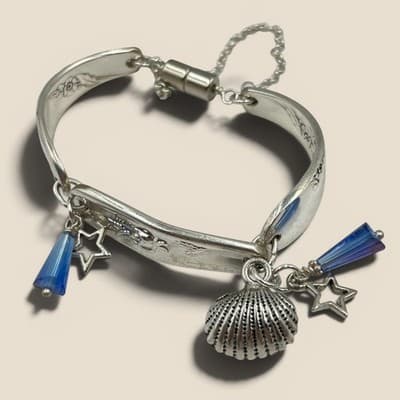 Vintage Spoon Handle Charm Bracelet Silver Shell Star Blue Crystal Classic Retro
