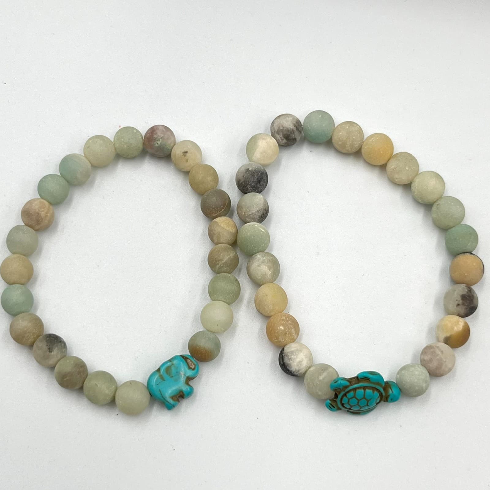 Vintage Boho Matte Stone Stretch Bracelet Set Elephant & Turtle Charms Y2K 2pc