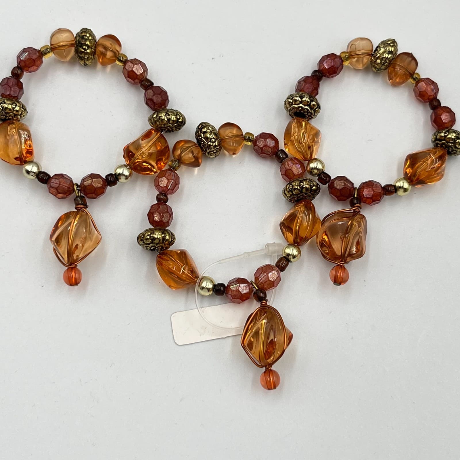 Vintage Boho Amber & Gold faceted Beaded Stretch Bracelet Set (3pc) Classic