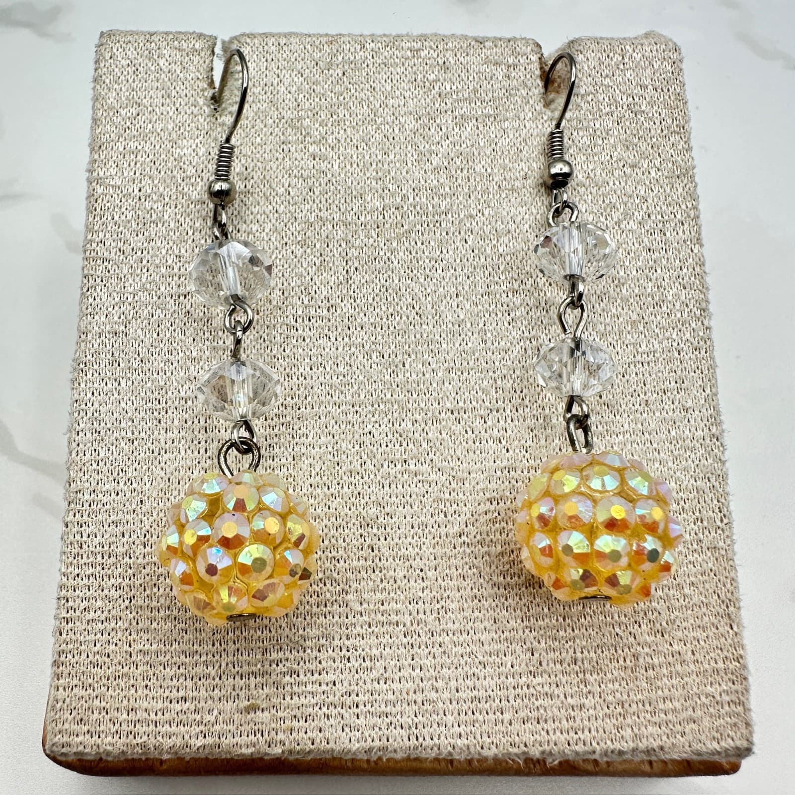Vintage Yellow Clear Crystal Beaded Silver-Tone Hook Dangle Drop Earrings