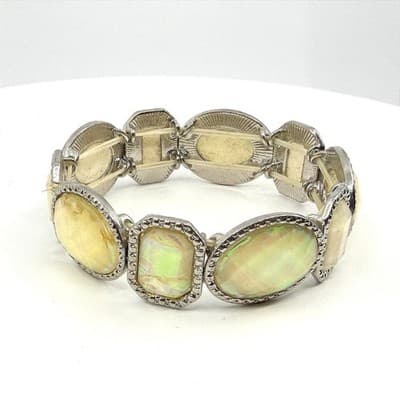 Vintage Silver Tone Iridescent Faux Opal Panel Stretch Bracelet Statement Retro