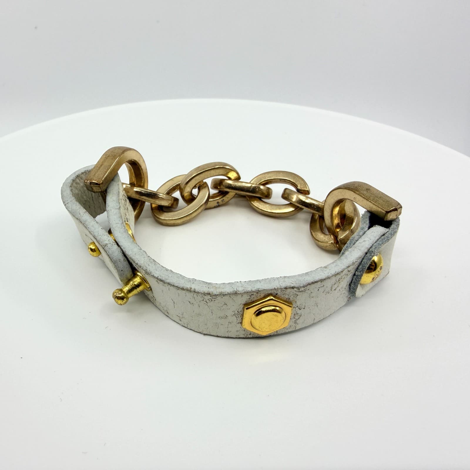 Vintage White Faux Leather Bracelet Gold Tone Link Chain Studded Hardware Boho
