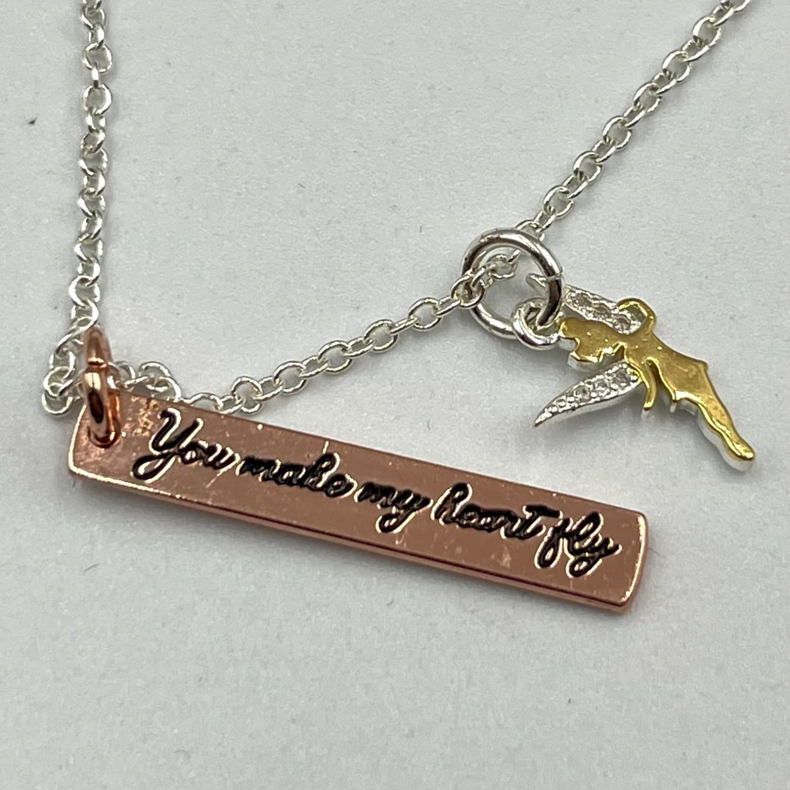 Vintage Disney Tinkerbell Bar Necklace Silver Rose Gold Tone Quote Charm 18"