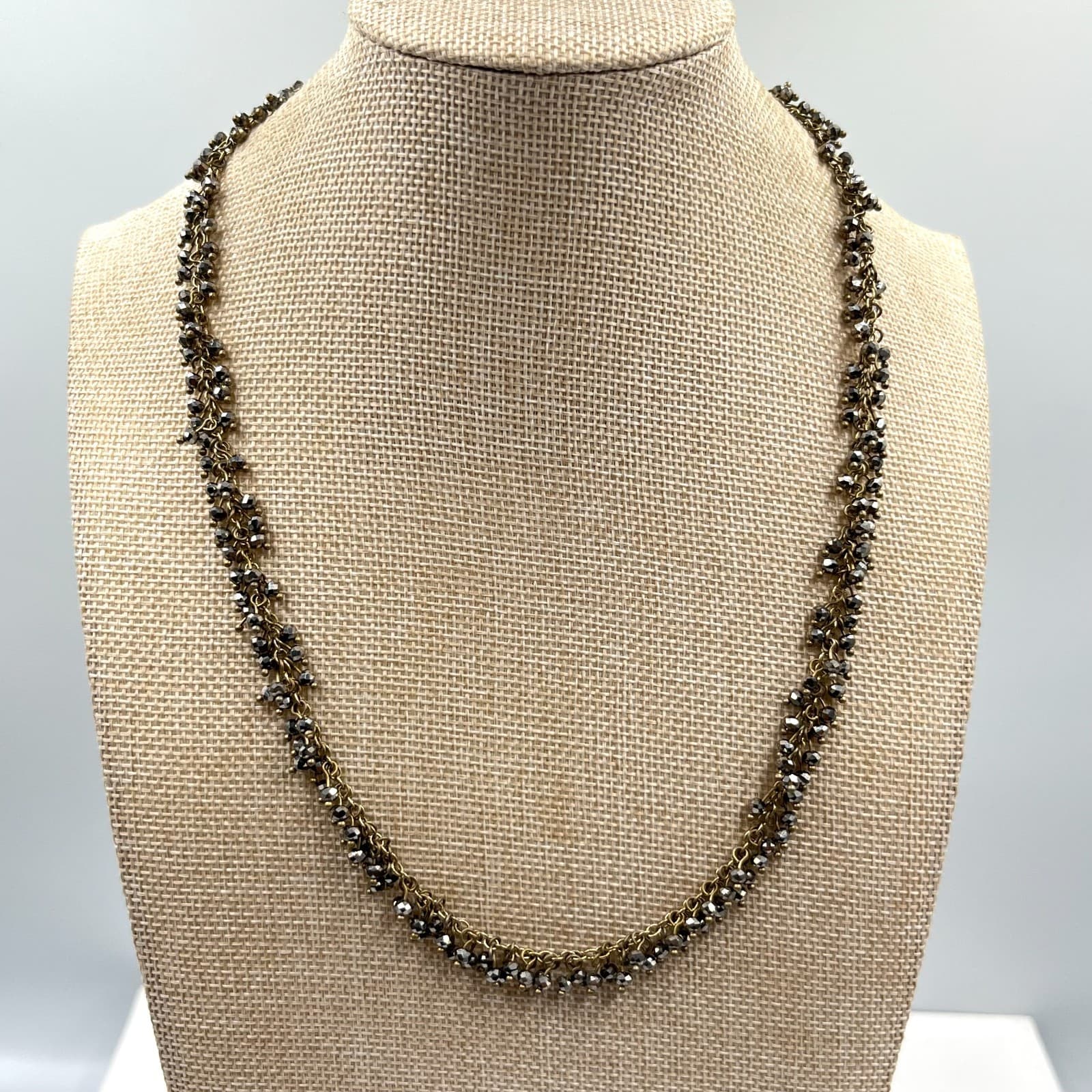 Vintage Boho Bronze Tone Hematite Glass Bead Cluster Fringe Necklace 20" Classic