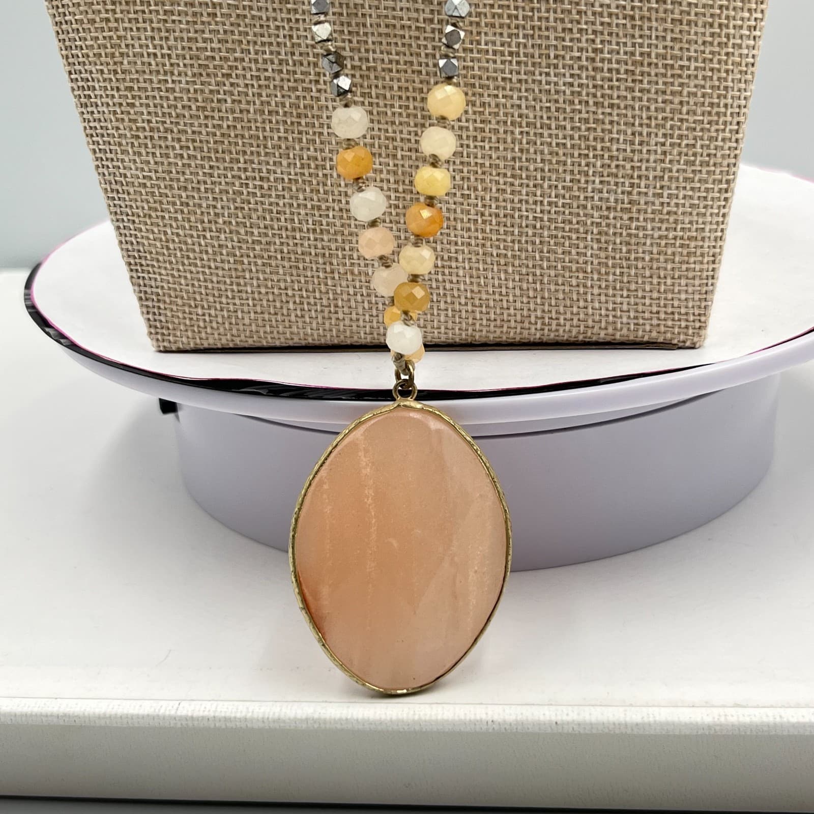 Boho Chic Peach Druzy Faux Suede Long Pendant Necklace Earth Tones Retro Style