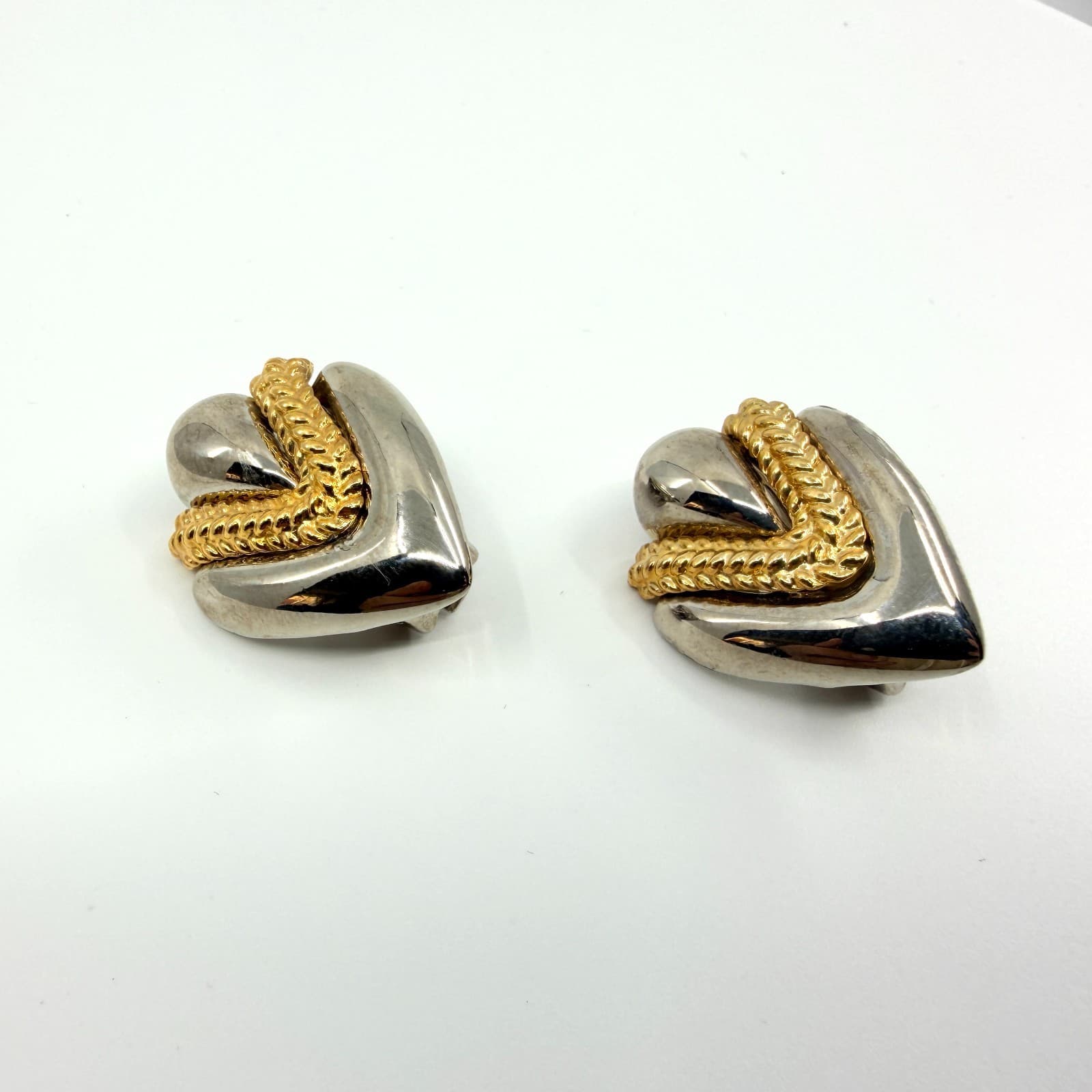 Earrings Vintage Two Tone Gold Silver Tone Heart Clip On Chunky Statement Ribbon
