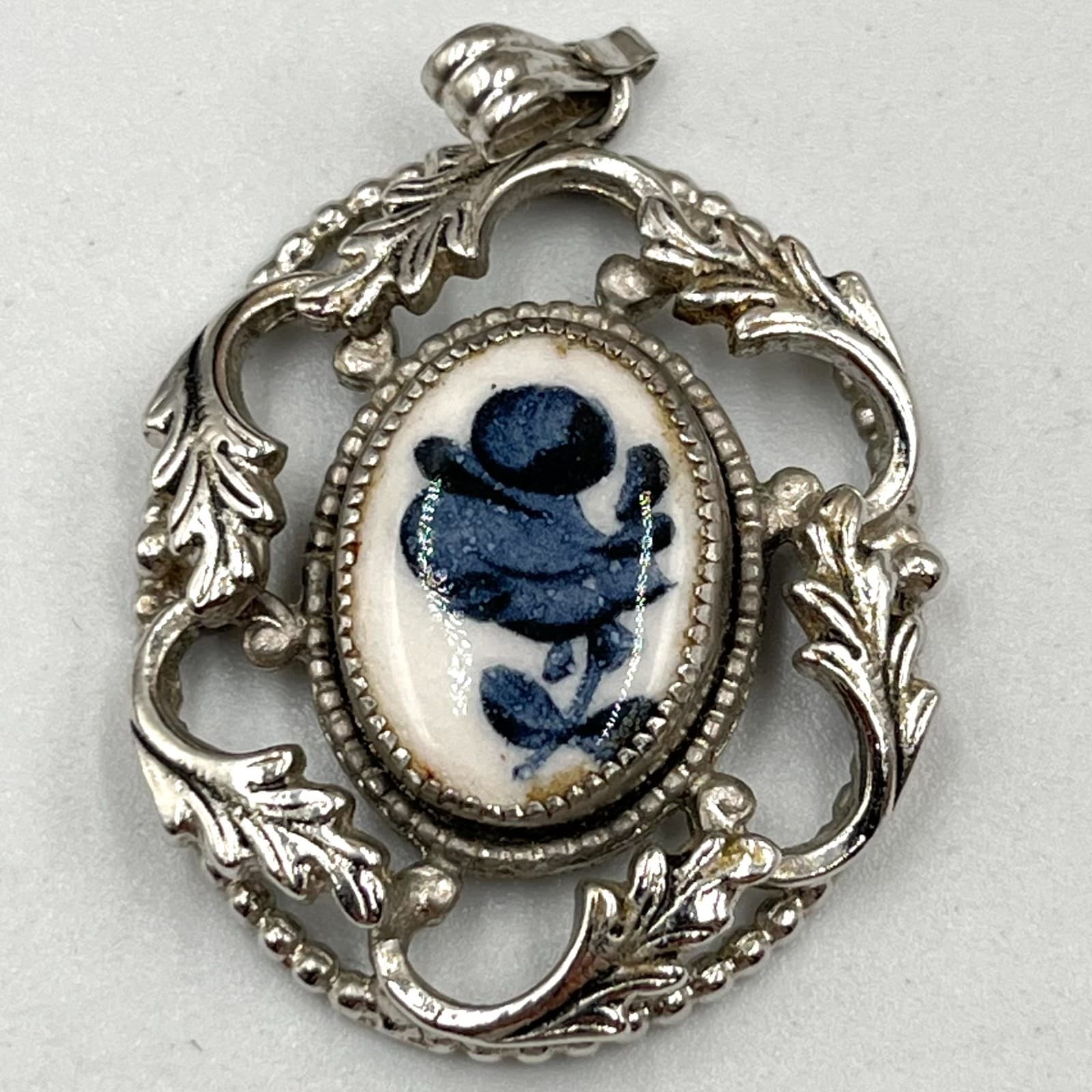 Vintage Blue Rose Porcelain Pendant Silver Tone Ornate Floral Filigree Boho