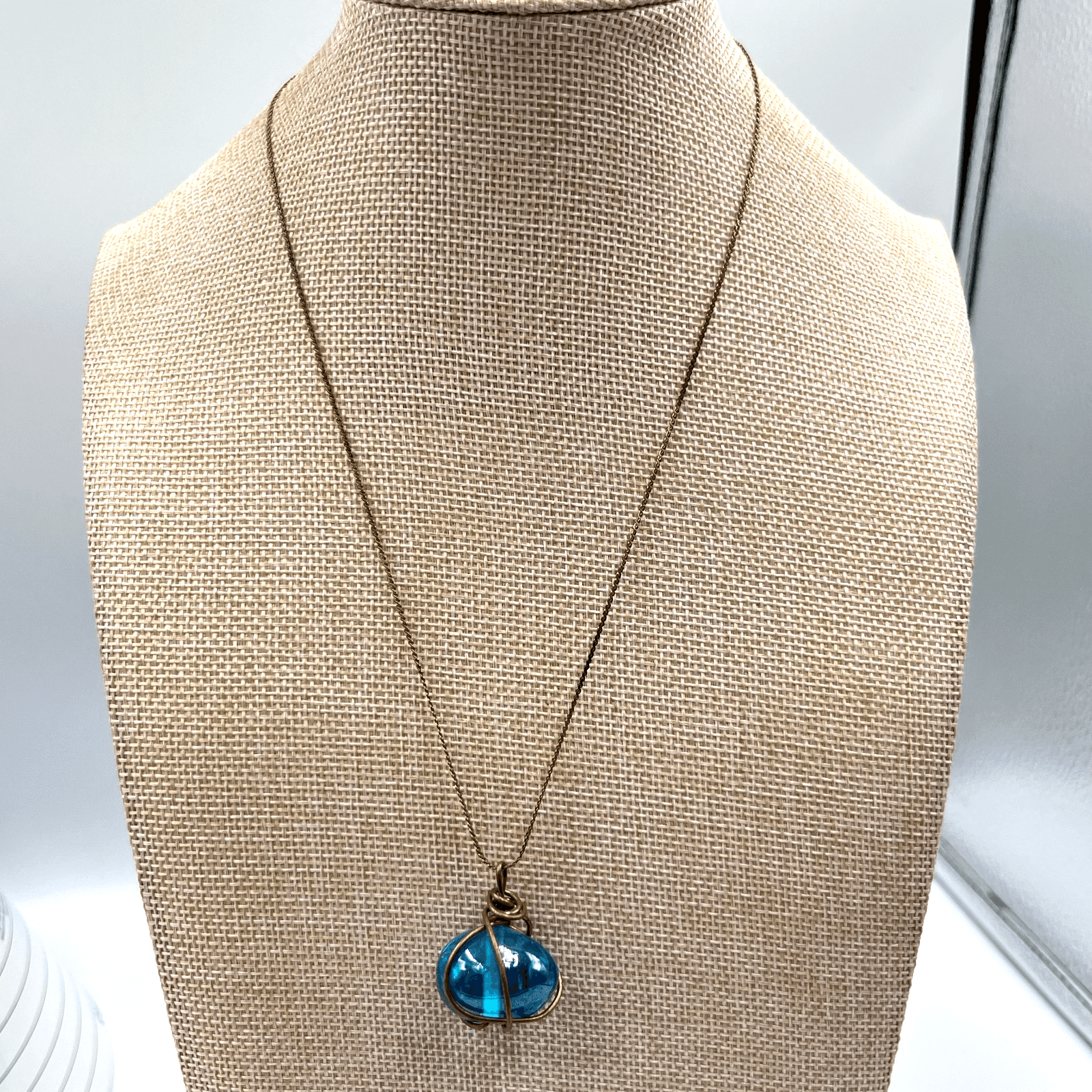 Vintage Blue Glass Orb Wire Wrapped Pendant Necklace Retro Boho Jewelry Classic