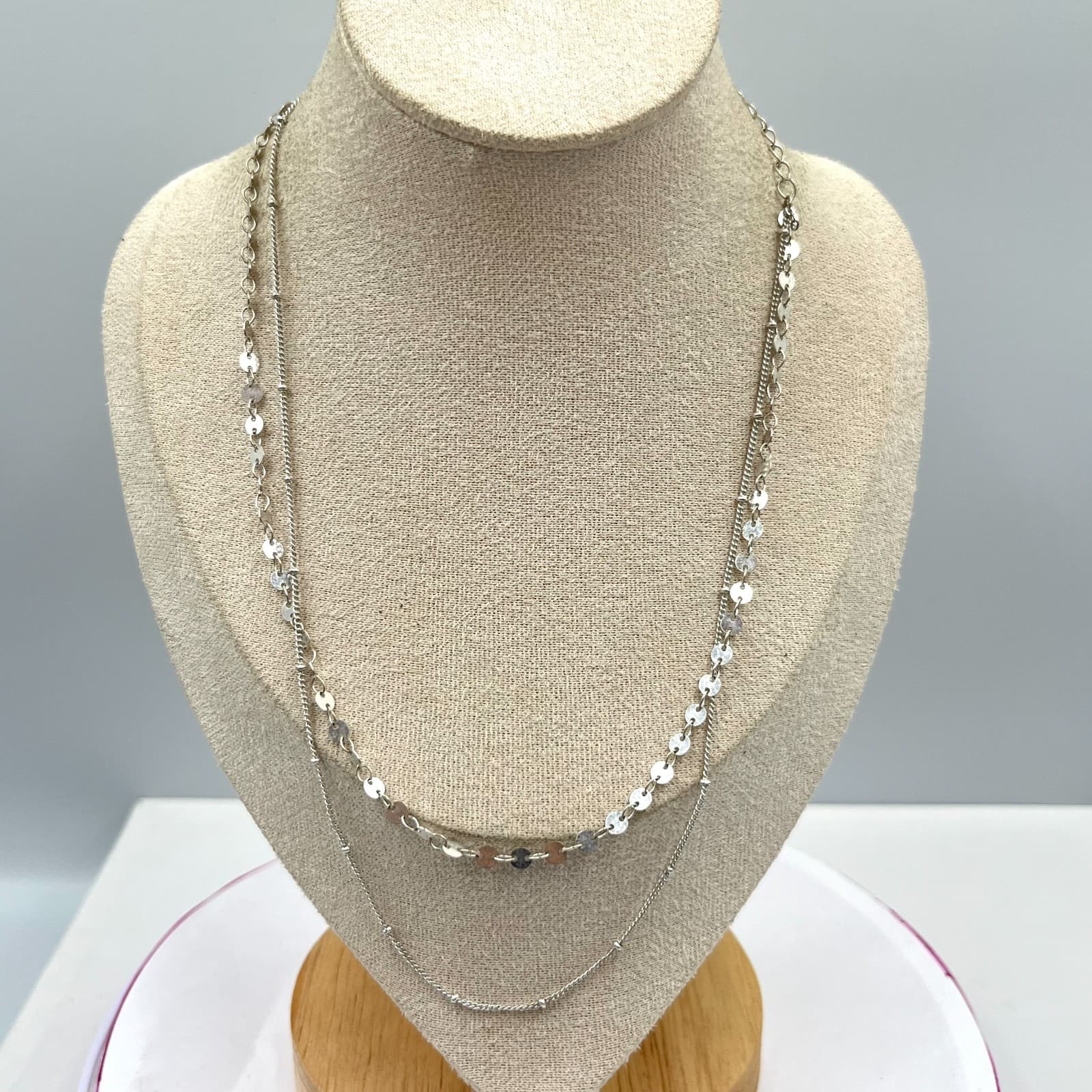 Vintage Modern Layered Silver Tone Sequin & Satellite Bead Multi-Strand Necklace