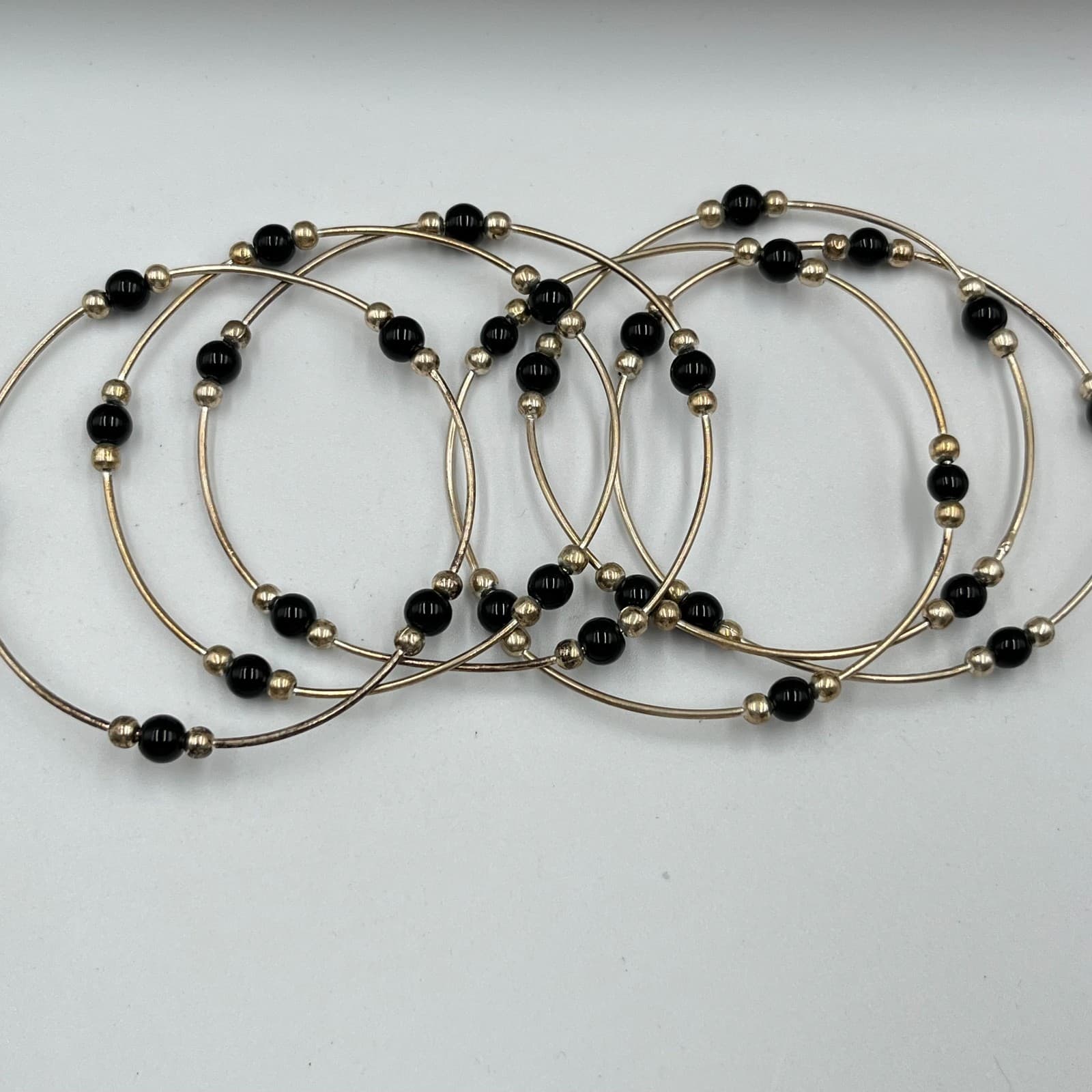 Vintage Retro Silver Tone Black Bead Stackable Bangle Bracelet Set of 6