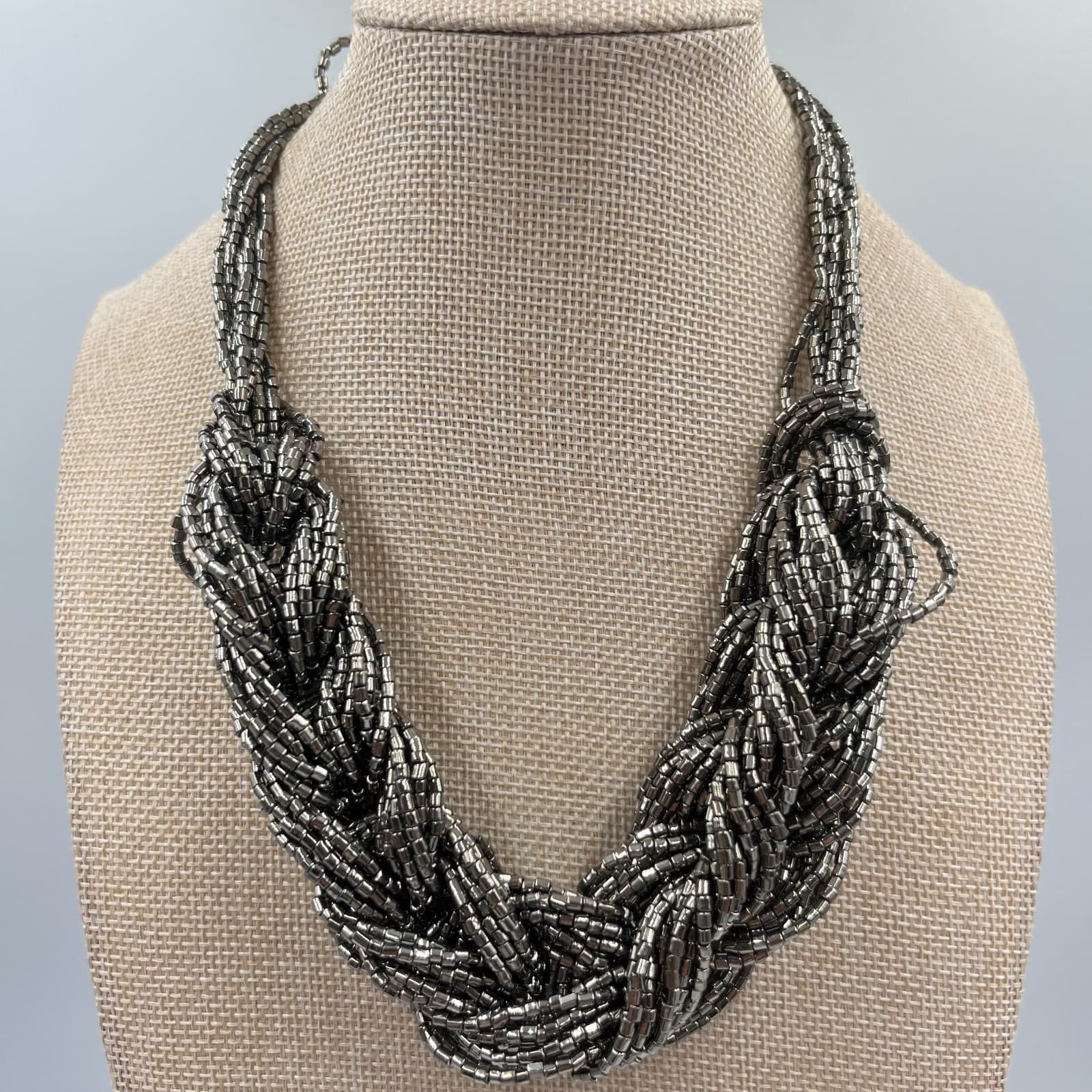 VTG Gunmetal Multi-Strand Braided Seed Bead Statement Necklace Bold Industrial