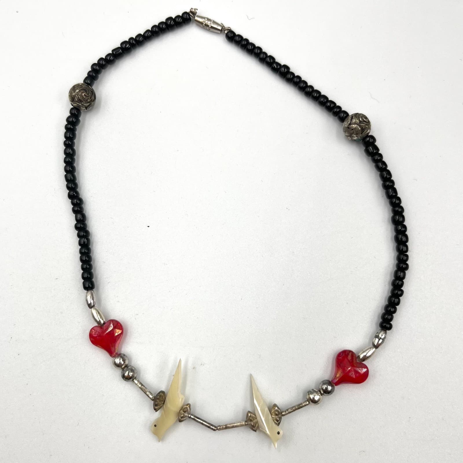VTG Handcrafted Black Beaded Choker Necklace Red Glass Hearts Cream Bird Charms