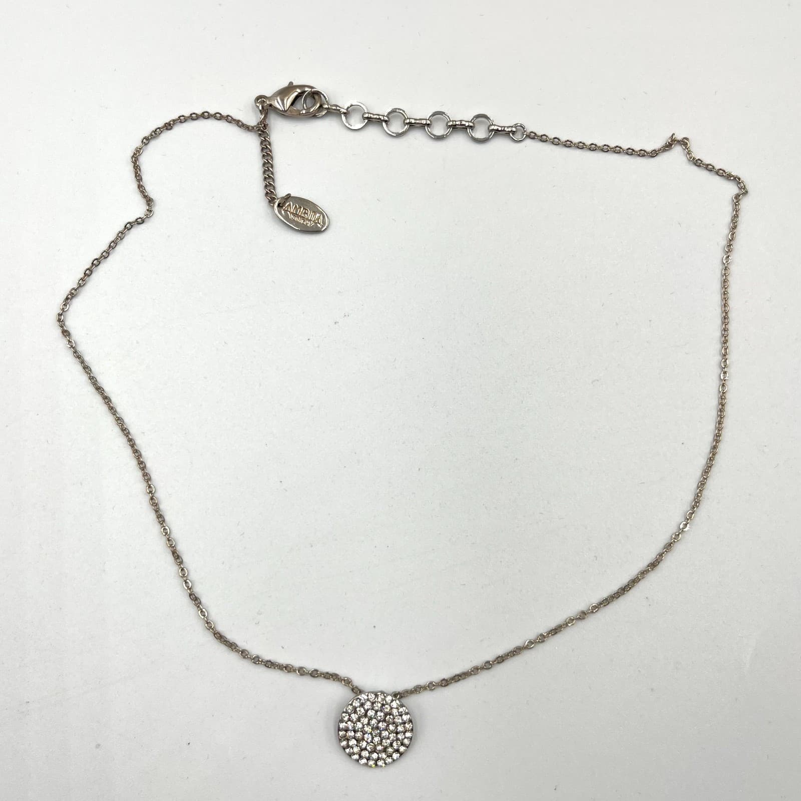 Vintage Amrita Singh Silver Tone Pave Crystal Disc Pendant Necklace 18-20" Retro