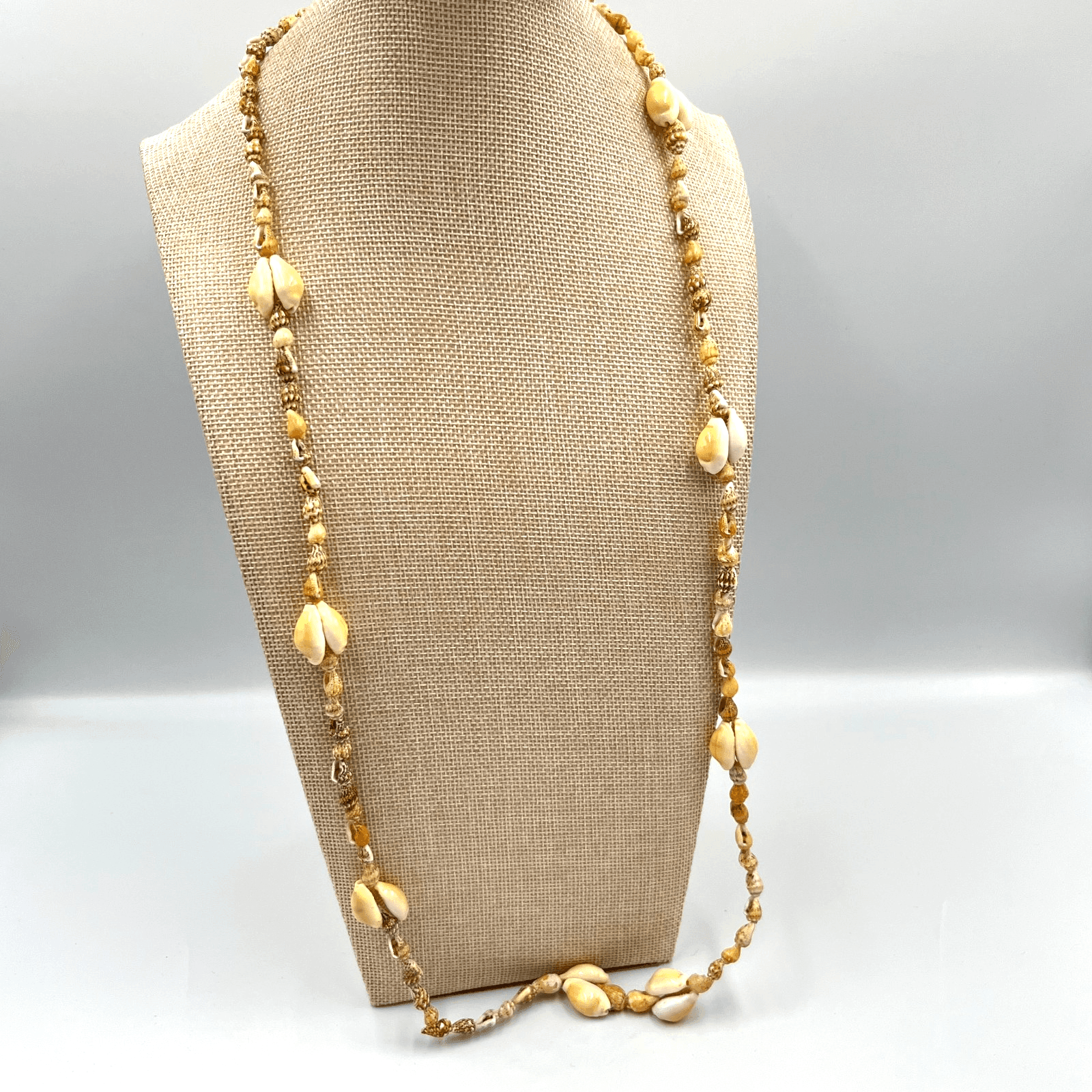 Vintage Boho Cream Cowrie Shell Long Strand Necklace Natural Beach Nautical Y2K