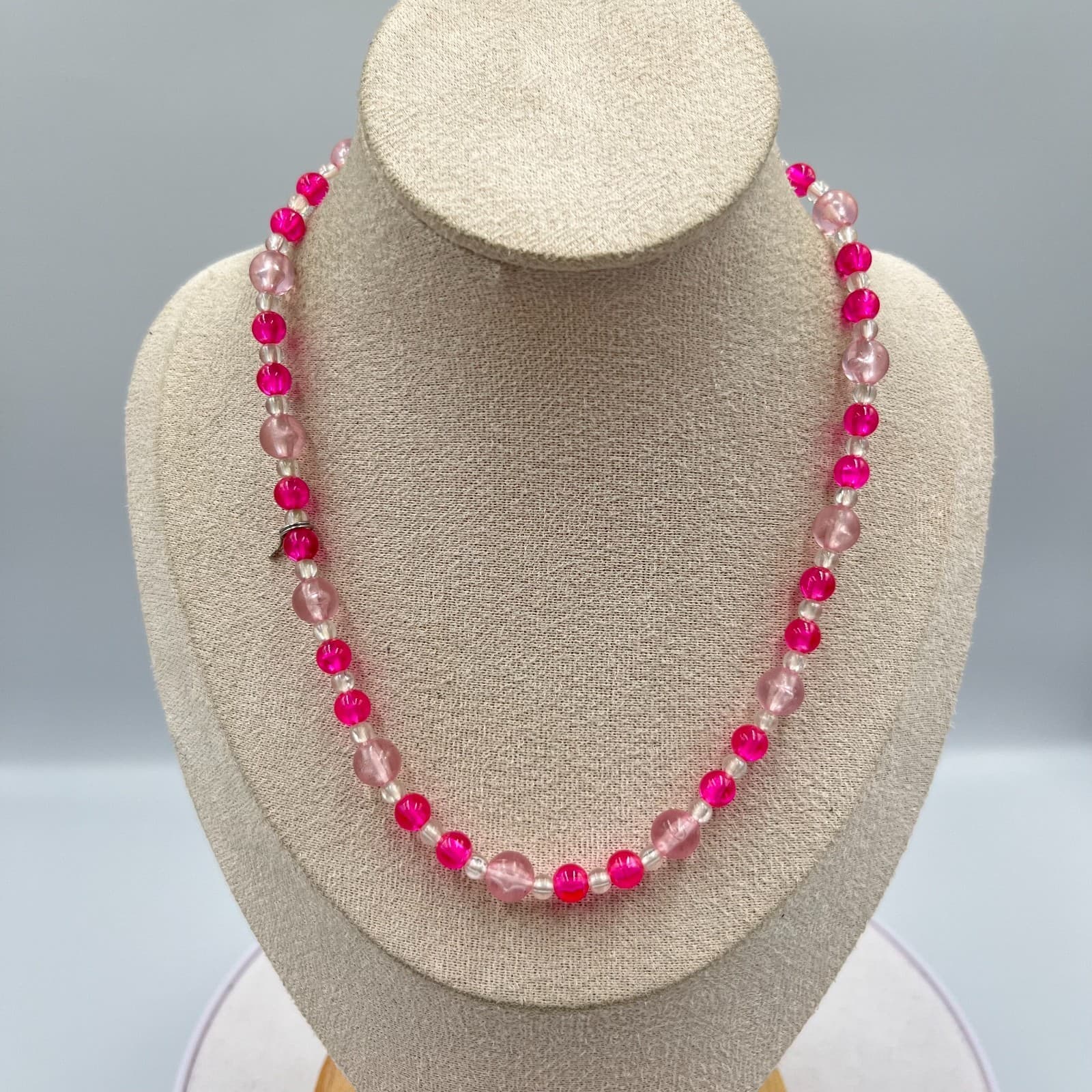 Vintage Y2K Hot Pink Pale Pink Translucent Beaded Necklace, 14" Choker Style