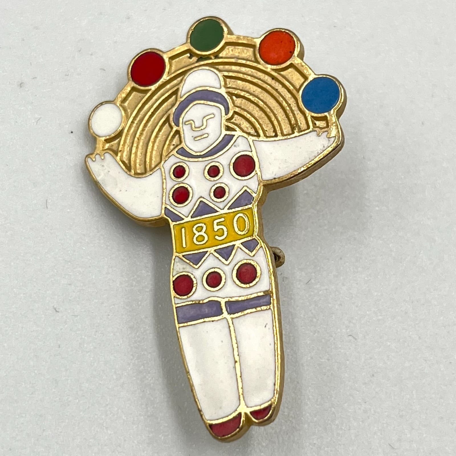 Vintage 80s Colorful Juggler Circus Pin Enamel Gold Tone 1850 Novelty Brooch