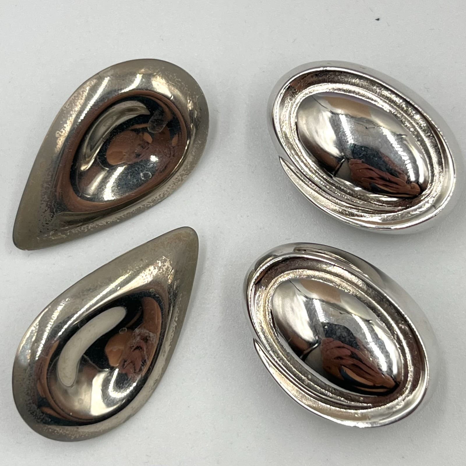 Vintage Y2K Silver Tone Chunky Oval & Teardrop Clip-On Earrings Statement Set