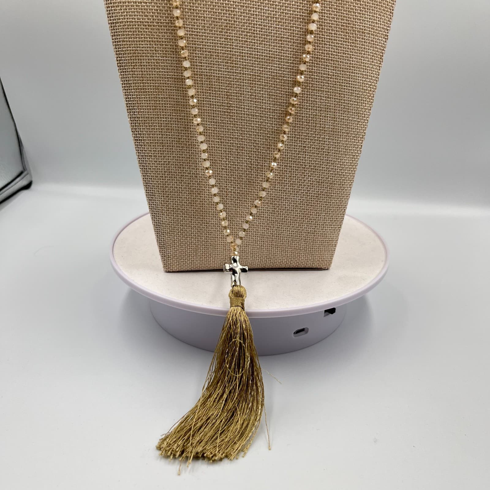 Vintage Y2K Boho Crystal Bead Long Tassel Cross Necklace – Beige/Gold Classic