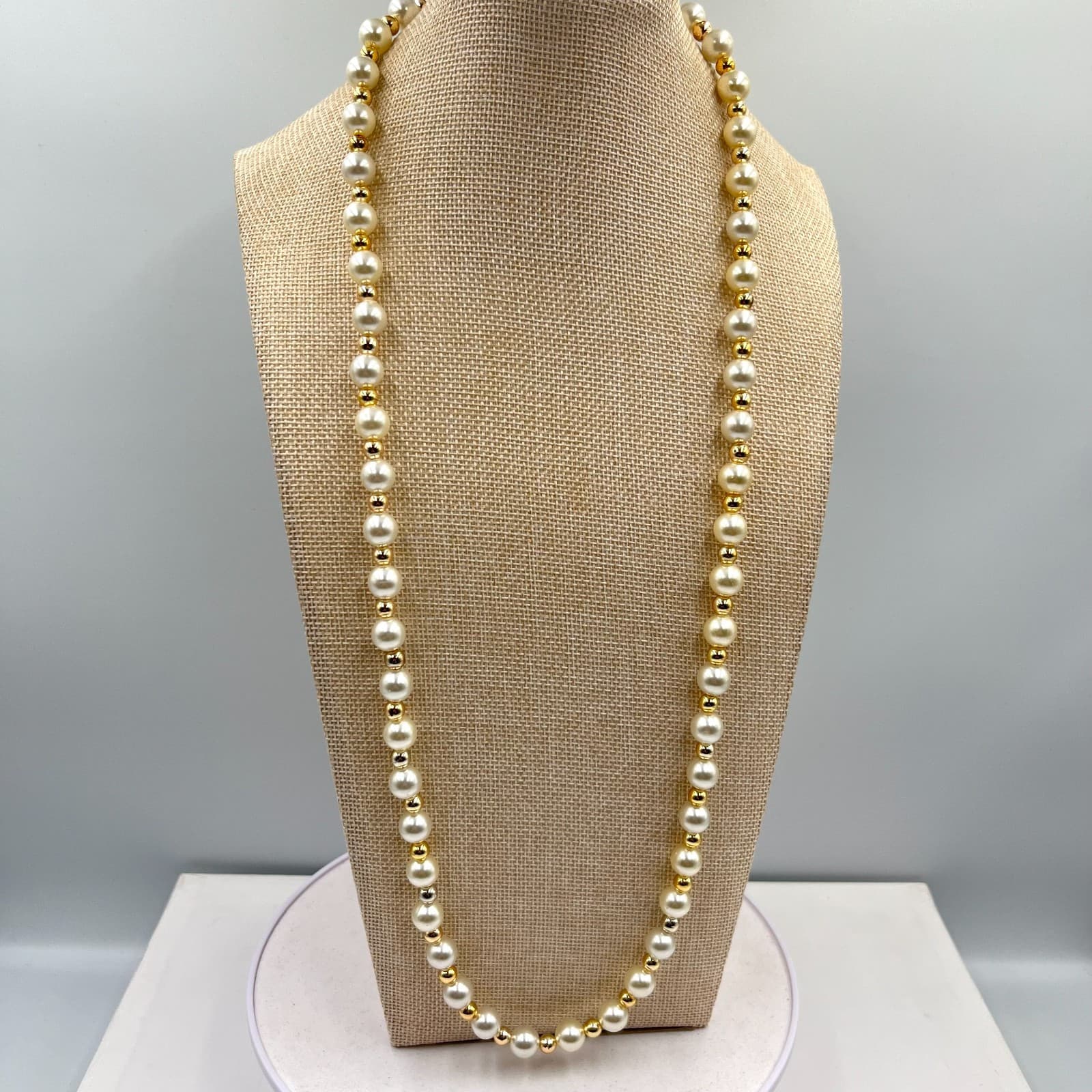 Vintage Cream Faux Pearl & Gold Tone Bead Operetta Necklace Long Retro Chic