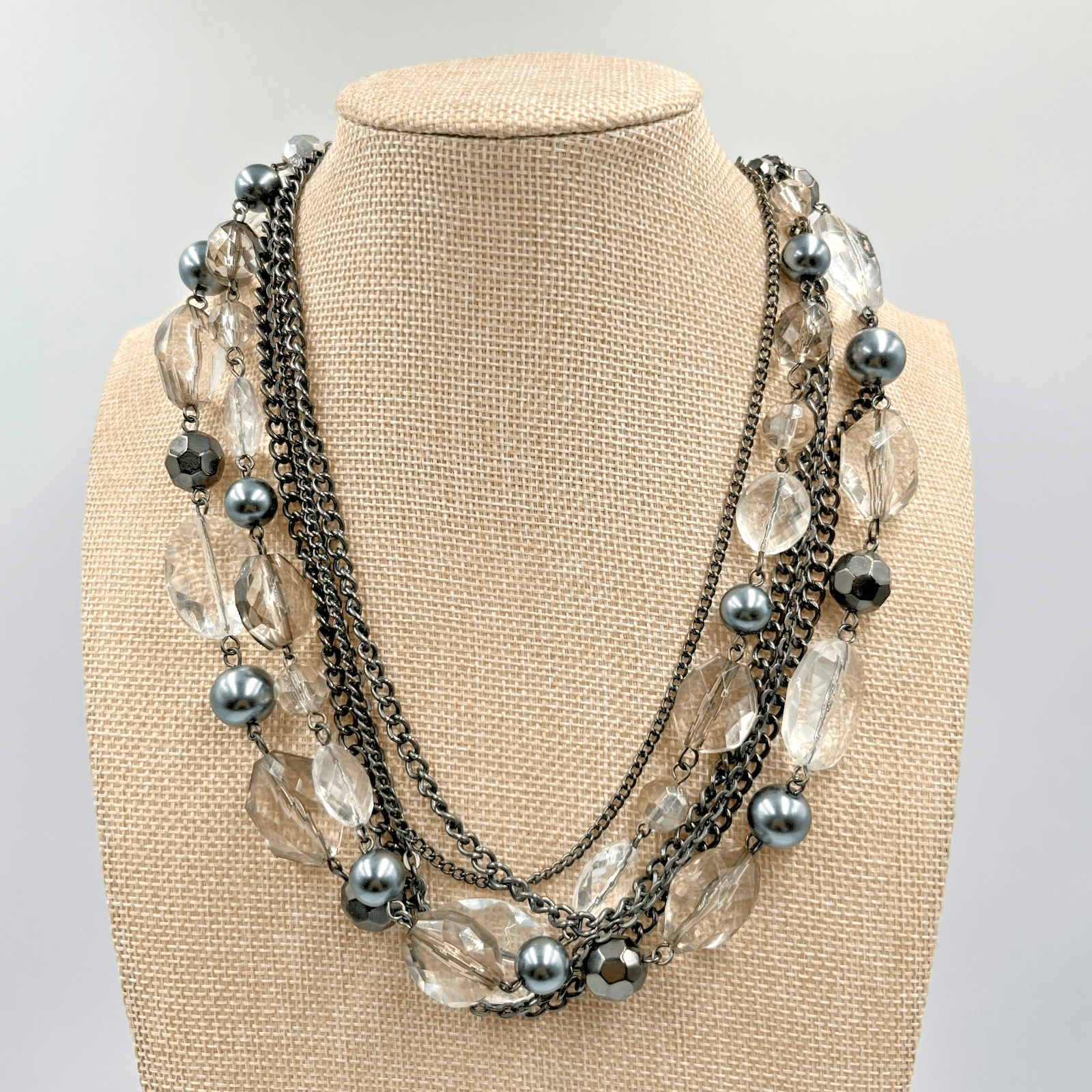 Vintage Y2K Gunmetal Multi-Strand Statement Necklace Clear & Gray Beads Fashion