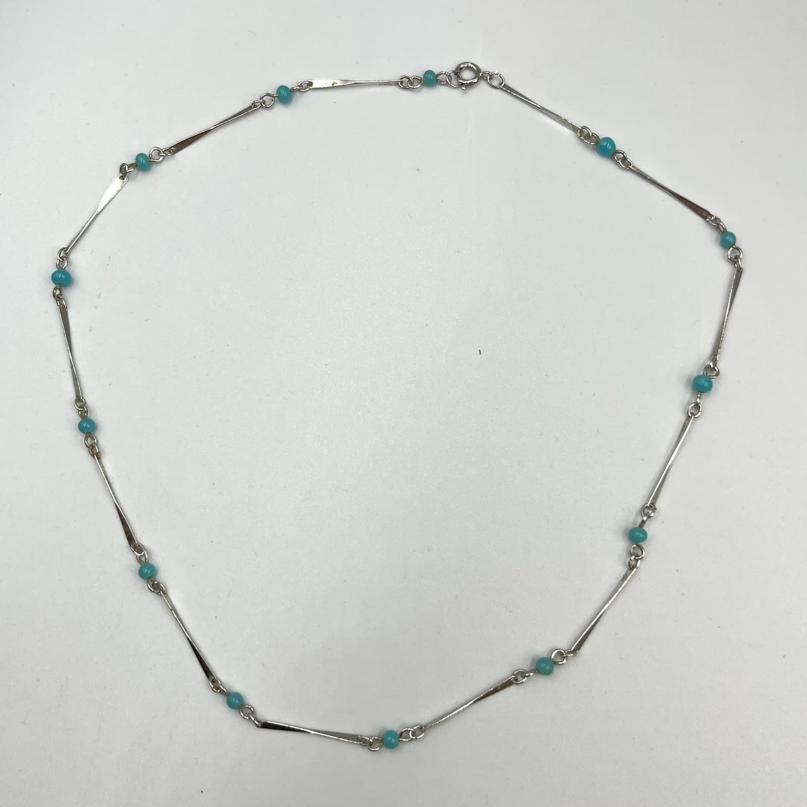 Vintage Retro Silver Tone Bar & Turquoise Blue Bead Station Necklace 17" Choker
