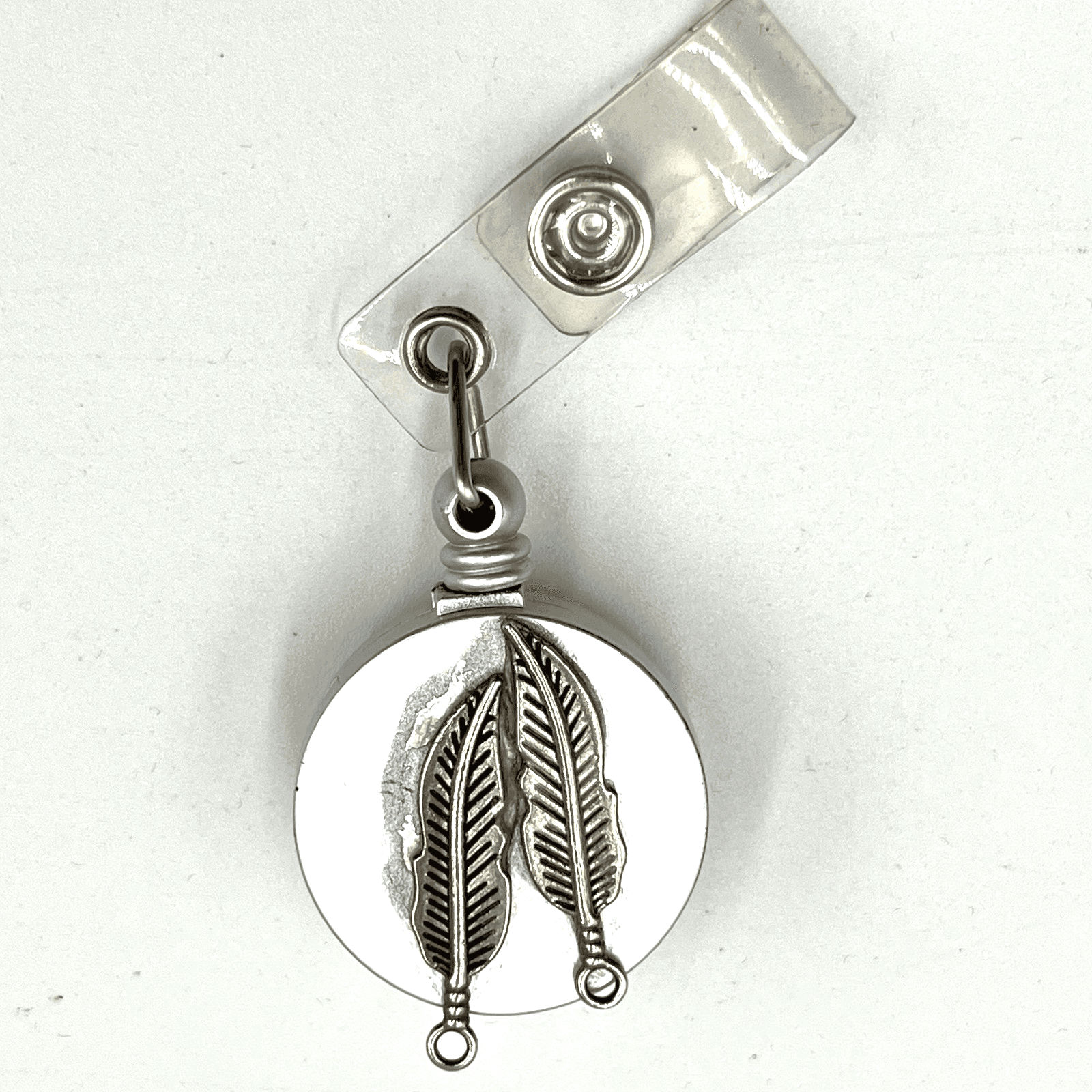 Vintage Western Boho Double Feather Retractable Badge Reel Silver Tone ID Holder