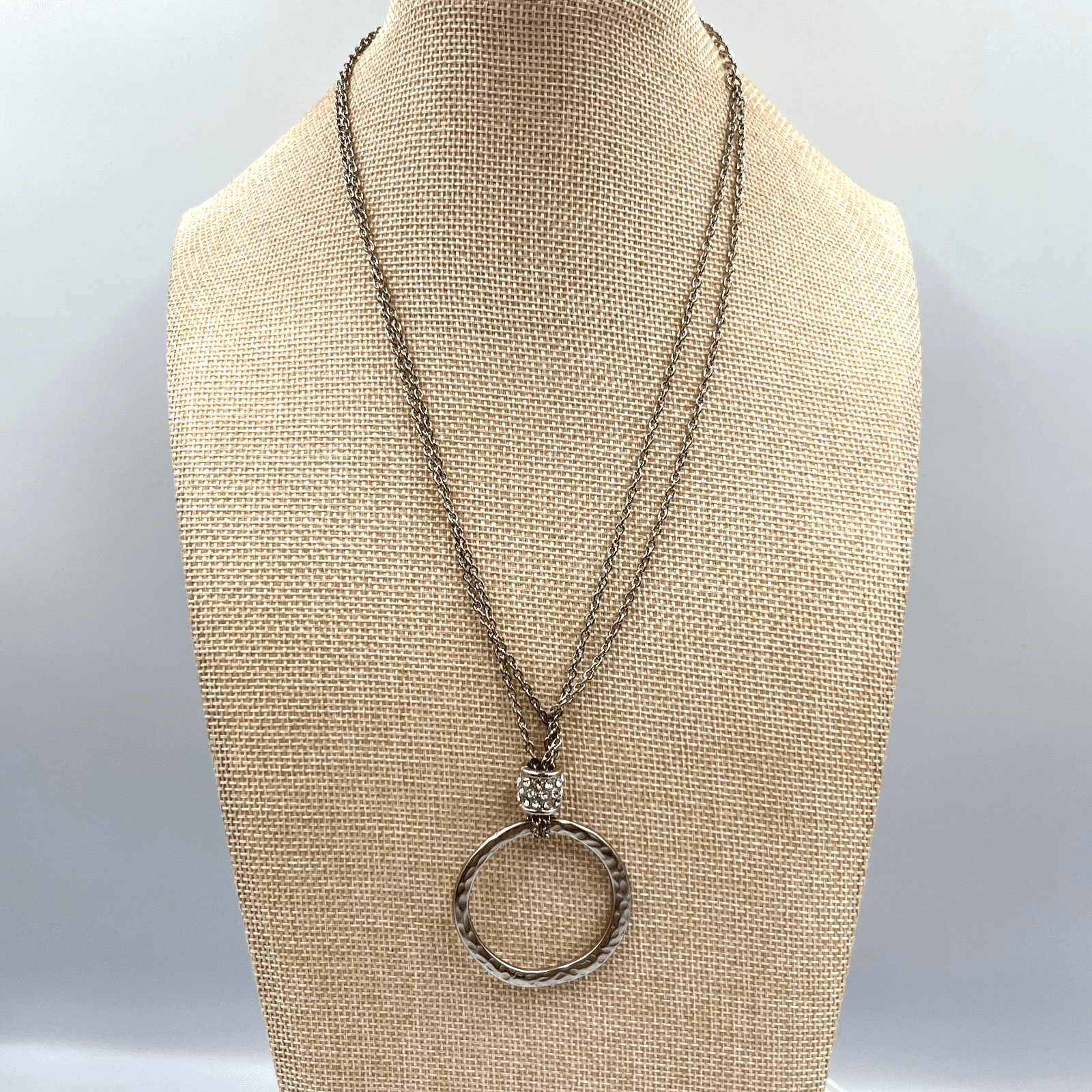 Vintage Silver Tone Hammered Hoop Pendant Necklace Rhinestone Slide Y2K Retro