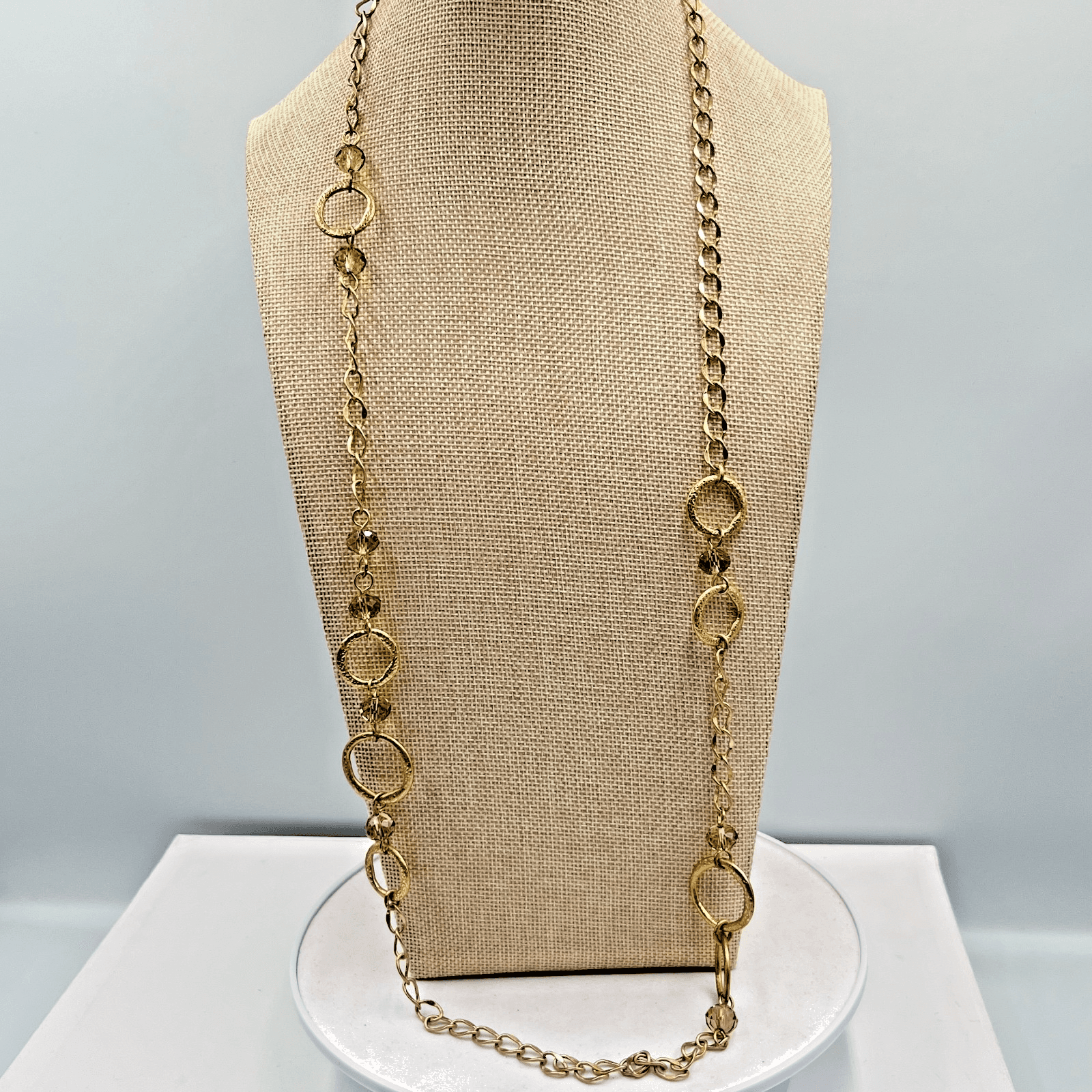 Vintage LOFT Gold Tone Long Station Necklace Smoky Amber Crystal Beads Chunky