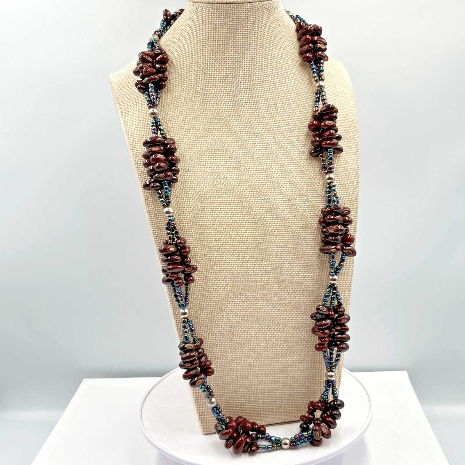 Vintage Boho Brown Seed Bead & Iridescent Glass Multi-Strand Statement Necklace