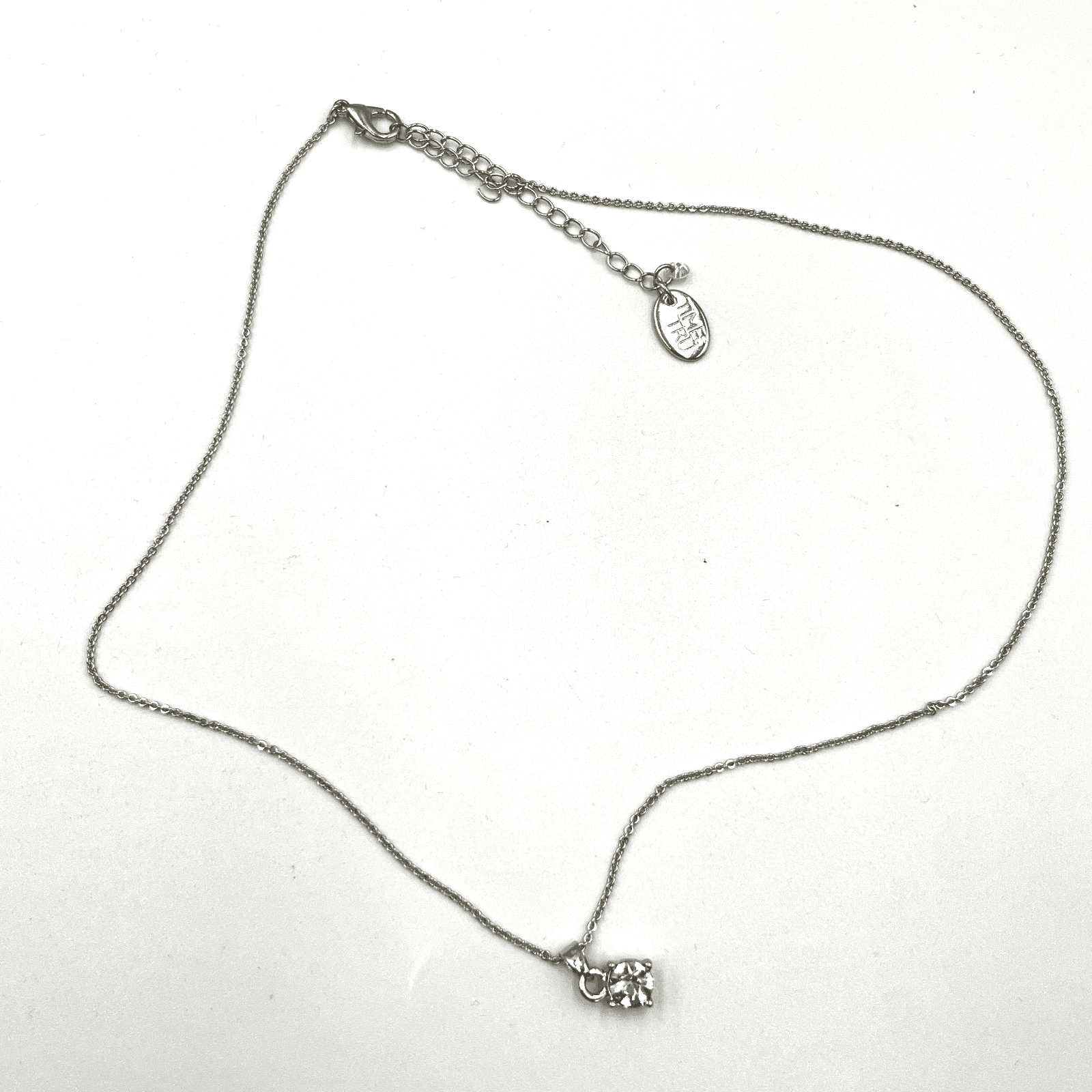 Vintage Time and Tru Silver Tone Round Clear Crystal Solitaire Pendant Necklace
