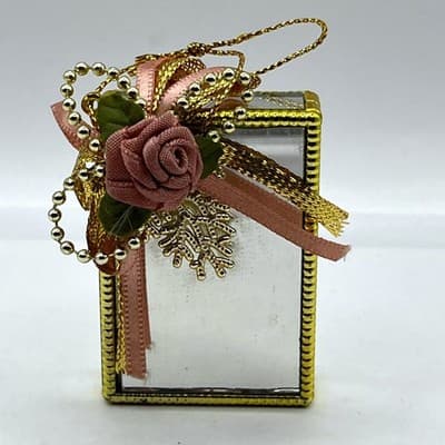 Vintage Mirrored Jewelry Box Gold Tone Trim Pink Fabric Rose Ribbon Trinket Case