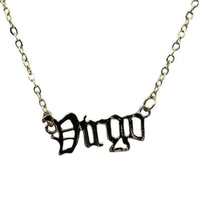 VTG Gold Tone Virgo Zodiac Nameplate Necklace Old English Font Script Celestial