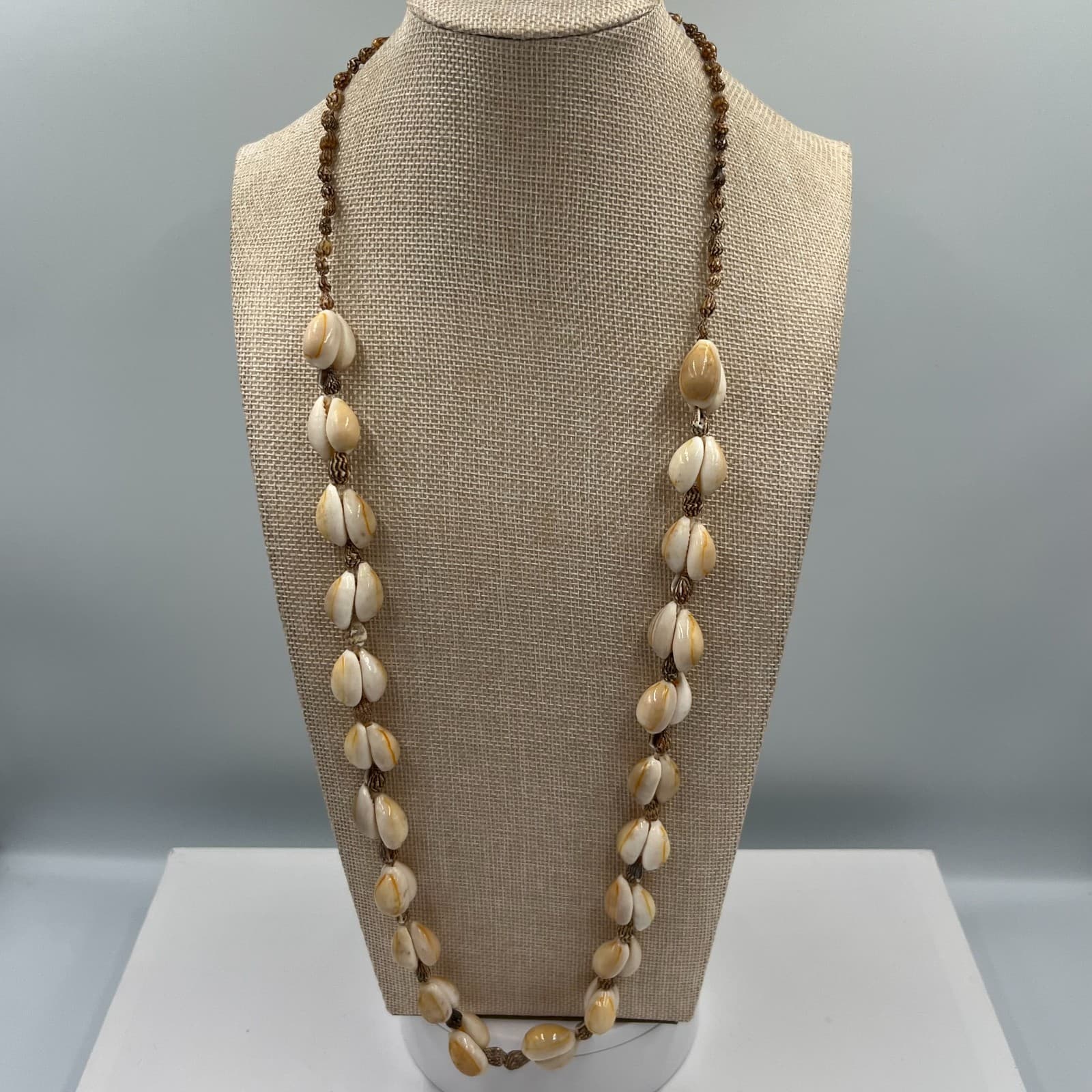 Vintage Ivory Bohemian Opera-Length Gastropod & Cowrie Shell Beaded Lei Necklace