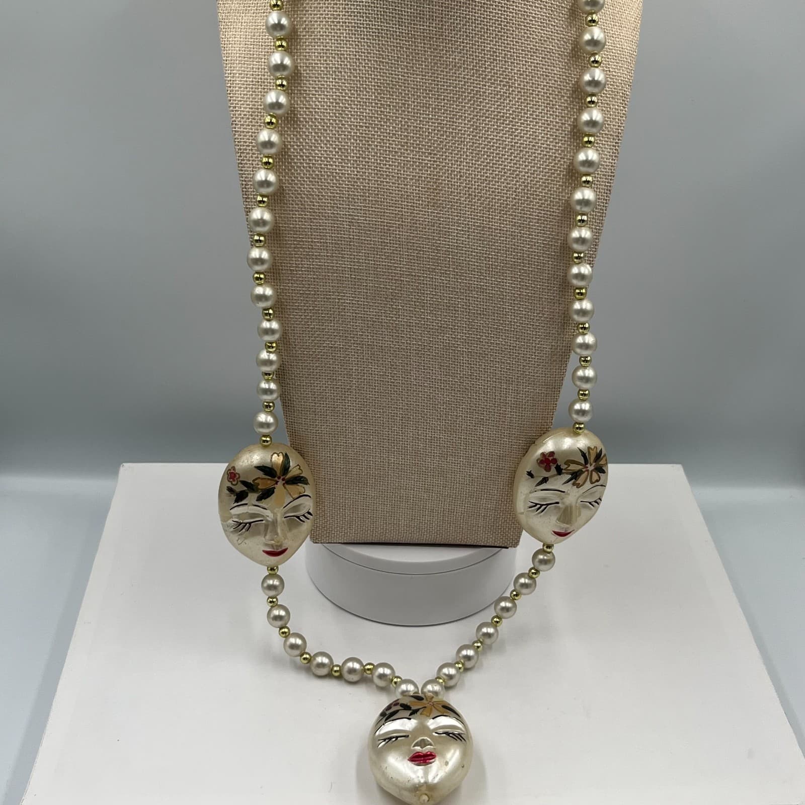 Vintage Theatrical Mother Of Pearls Avant-Garde Face Mask Statement Bib Necklace