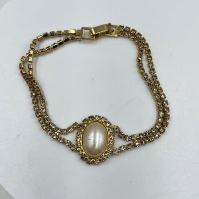 Vintage Gold Tone Rhinestone Tennis Bracelet Faux Pearl Center Double Strand