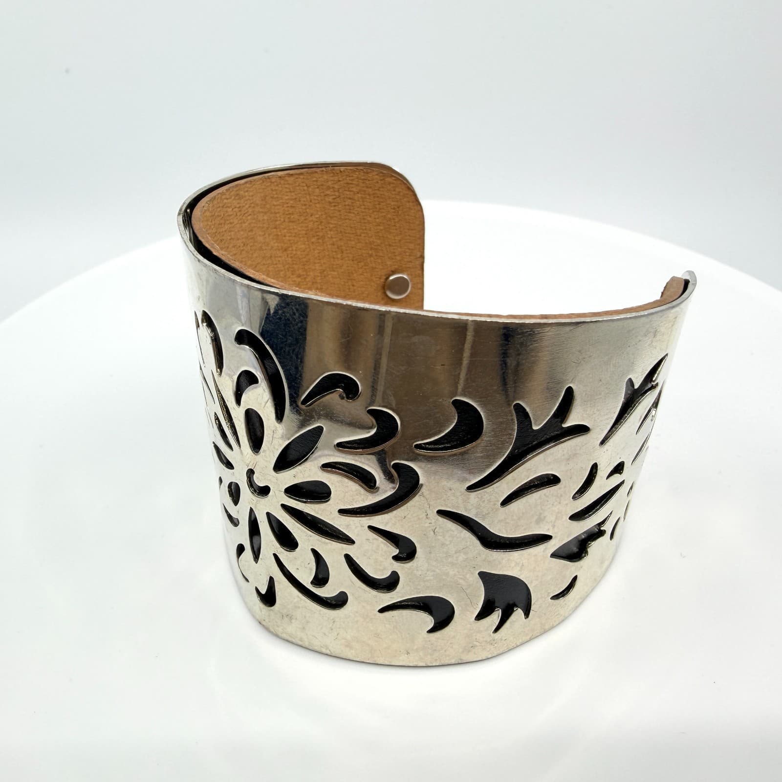 Vintage Silver Tone Floral Filigree Wide Cuff Bracelet Faux Leather Statement
