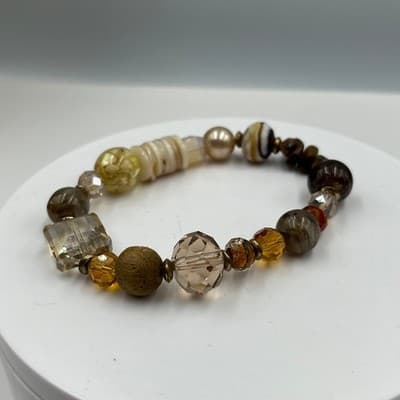 Vintage Mixed Bead Stretch Bracelet Neutral Brown Gold Tone Glass Acrylic Boho