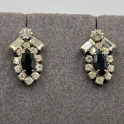 VTG Black & Clear Rhinestone Jewelry Set Necklace Bracelet Earrings Silver Tone