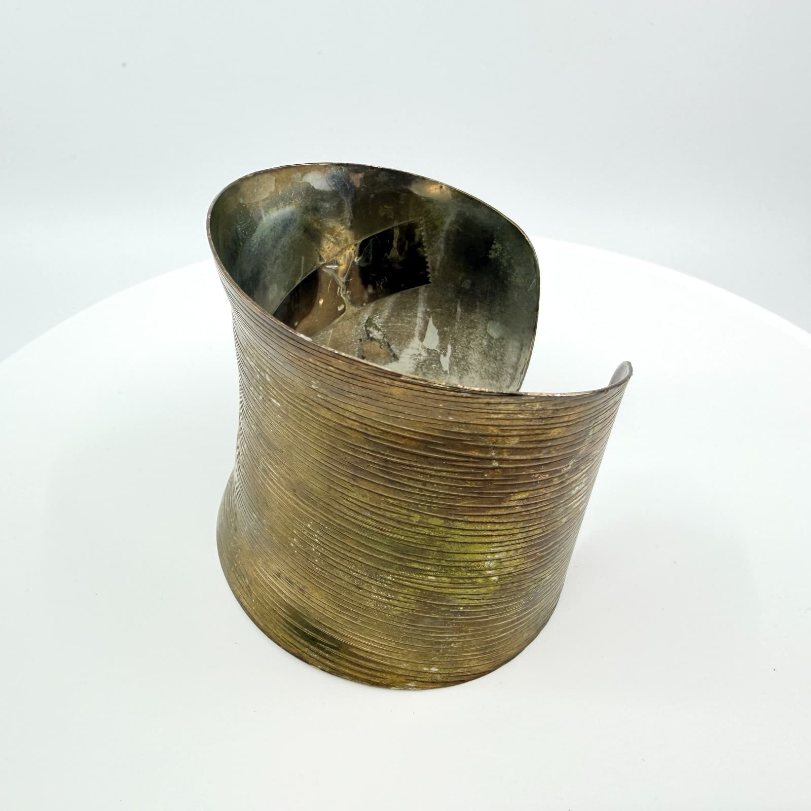 Vintage Brass Tone Ribbed Wide Cuff Bracelet Tall Statement Chunky Textured Boho