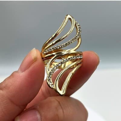 VTG Gold Tone Swirl Statement Ring with Rhinestone Accents Adjustable Wide Band