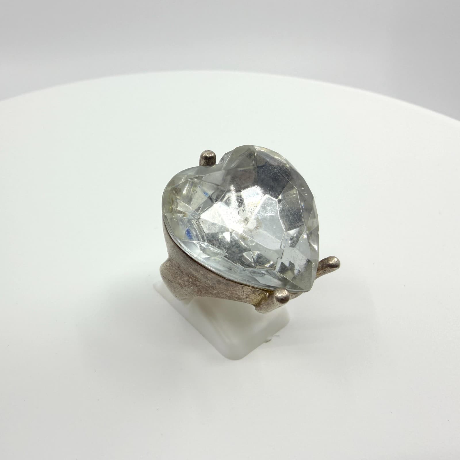 Vintage Silver Tone Massive Heart Shaped Cubic Zirconia Ring Chunky Statement