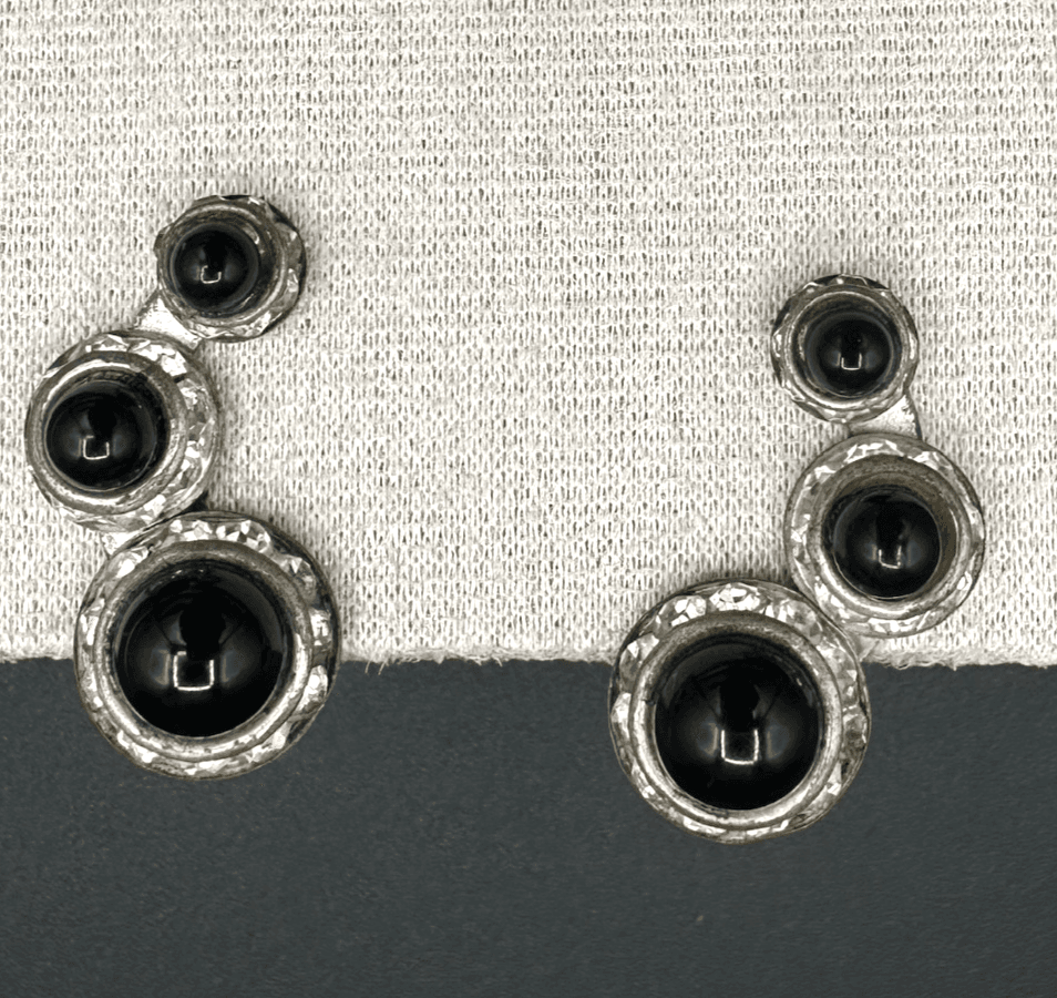 Vintage Rhinestone Crystal Silver Black Onyx Clip-On Stud Earrings 1.25'' Y2K