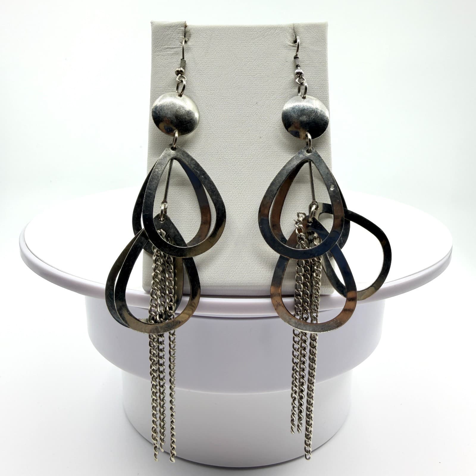 Vintage Silver Tone Teardrop Hoop Tassel Dangle Earrings Chunky Statement Boho