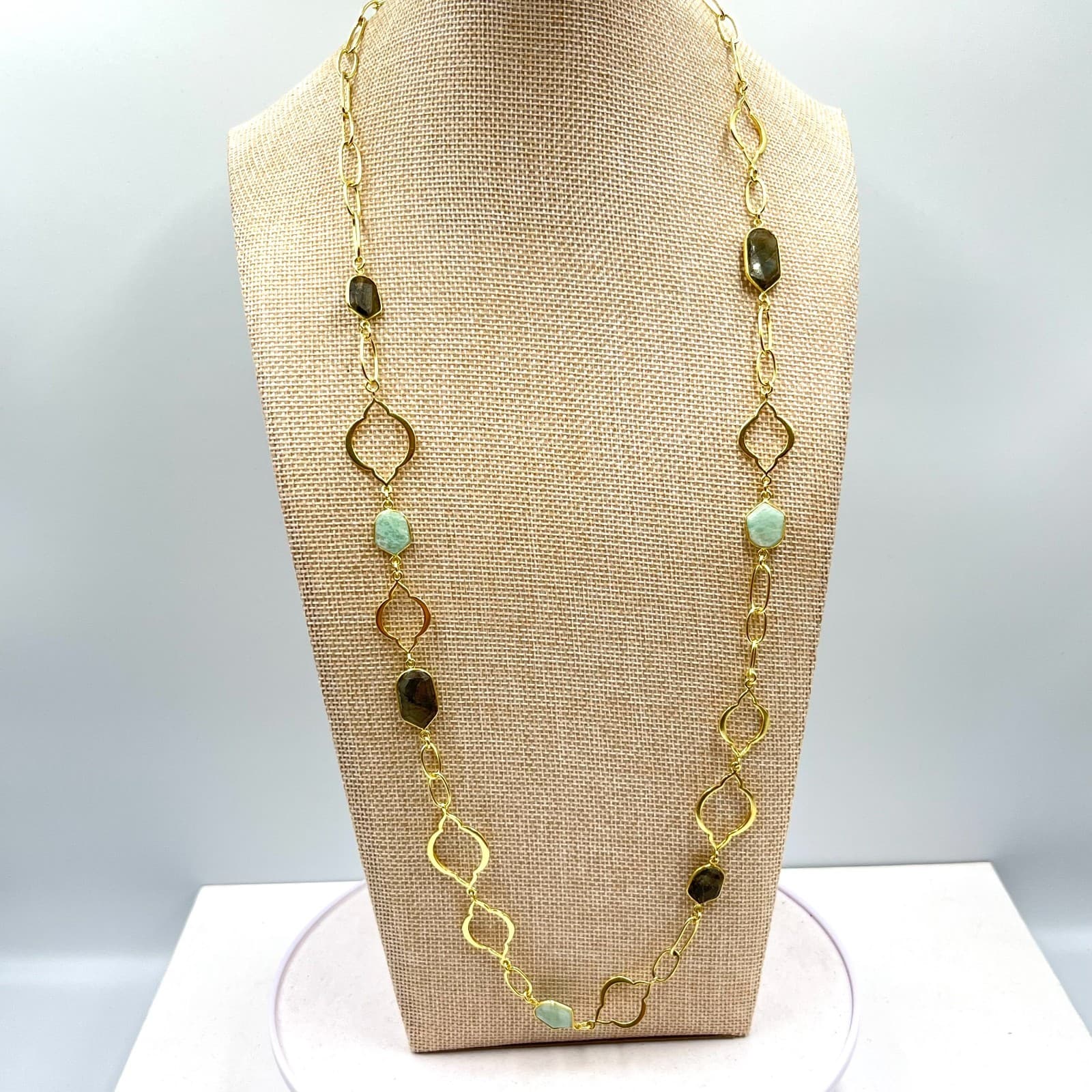 VTG Stella & Dot Gold Tone Green Grey Stone Station Long Layering Necklace Retro