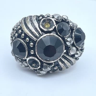 Vintage Silver-Tone Bohemian Oxidize Metal Bezel Faceted Beads Royal Shape Ring