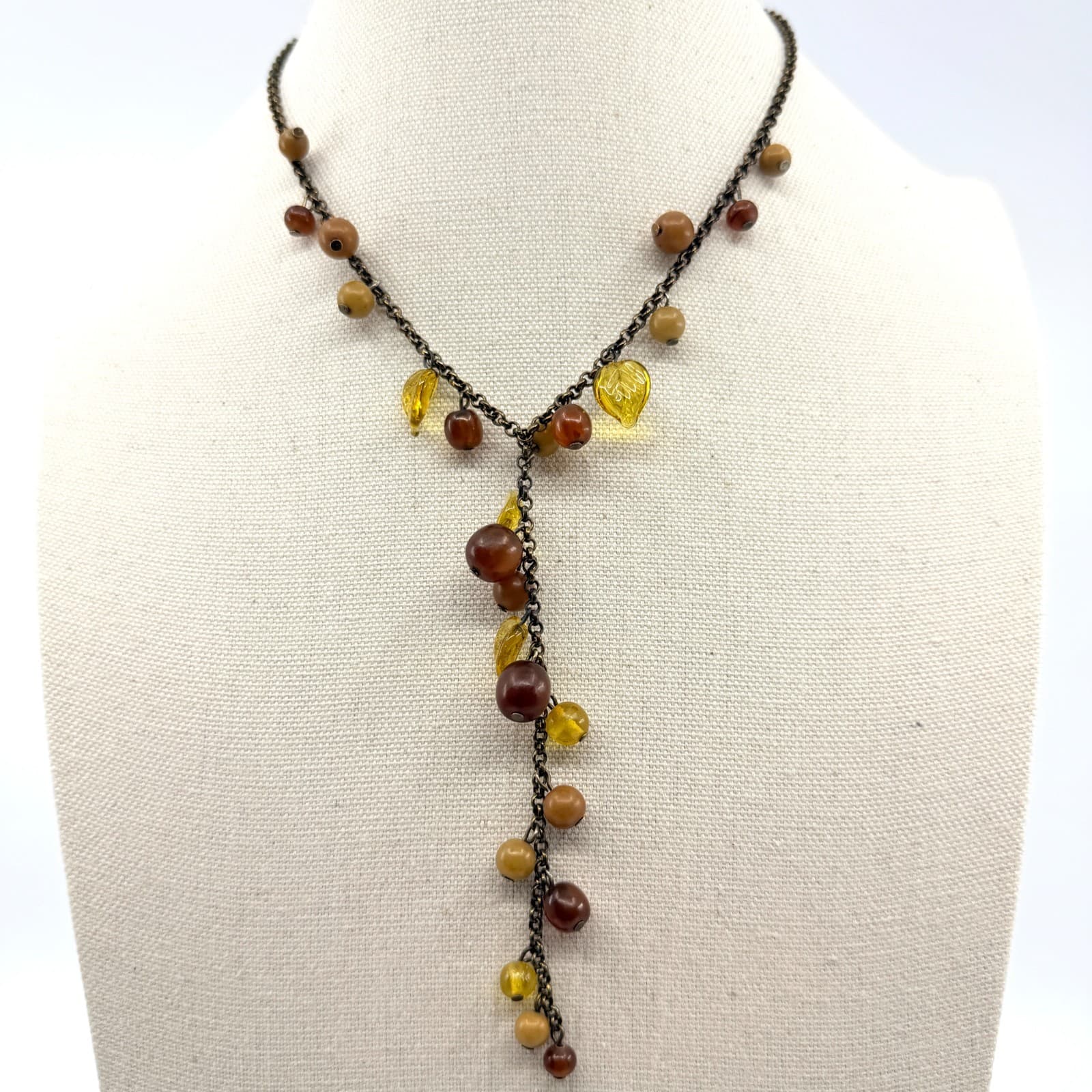 Vintage Amber Tone Glass Bead Leaf Tassel Necklace Bronze Tone Chunky Statement