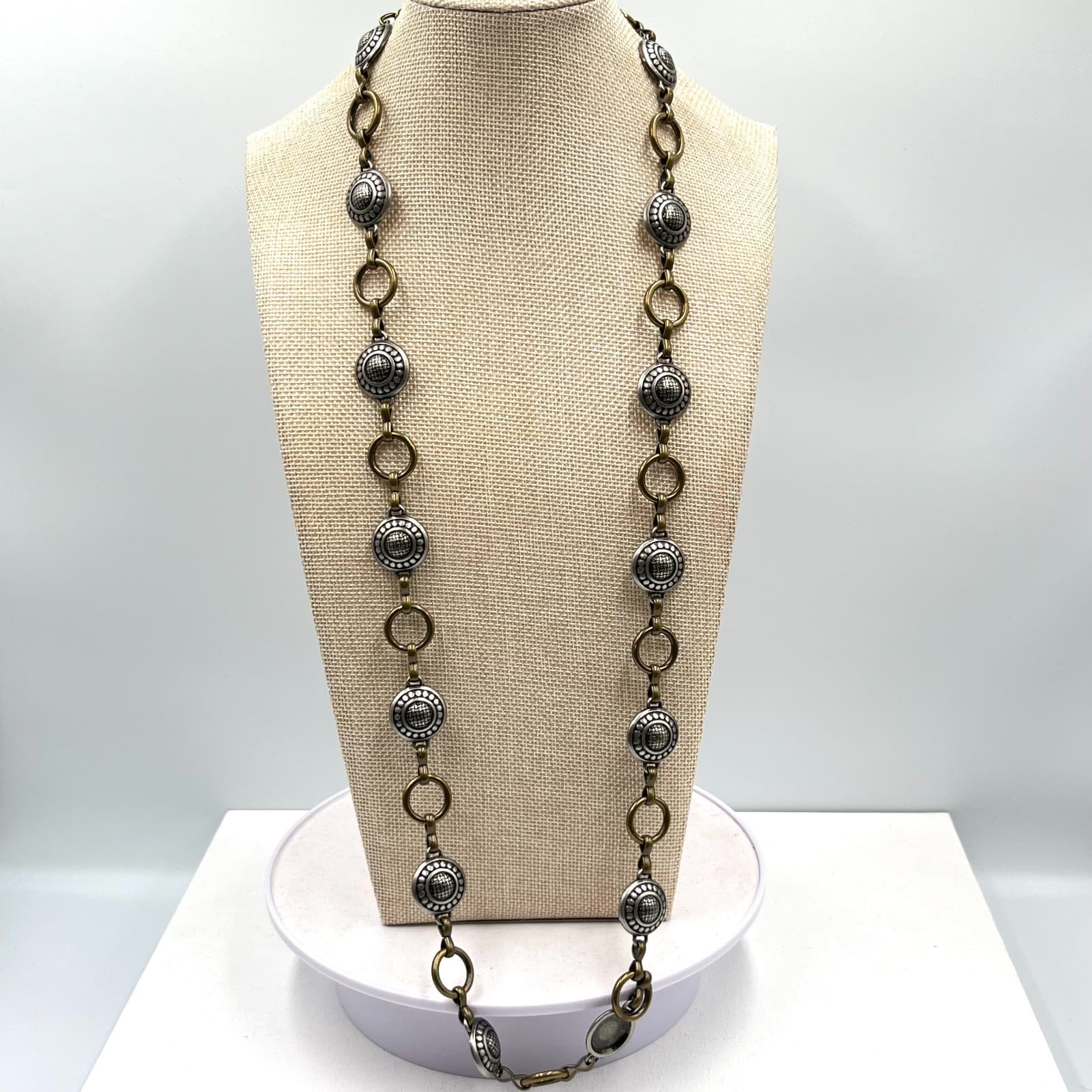Vintage Fossil Boho Long Station Necklace Mixed Metal Silver Gold Tone Retro